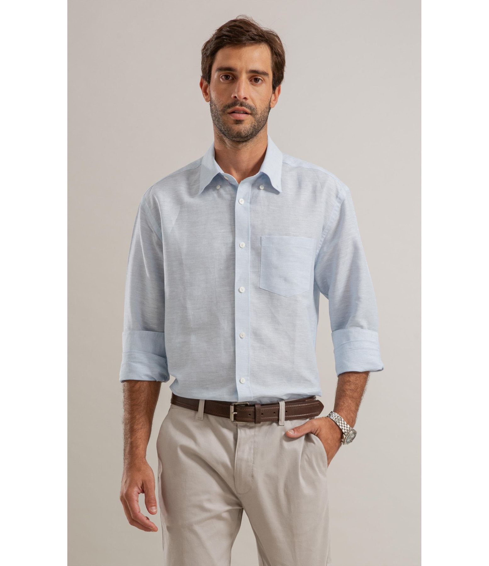 Camisa Linho  Listrado Marcio Ml Azul Claro