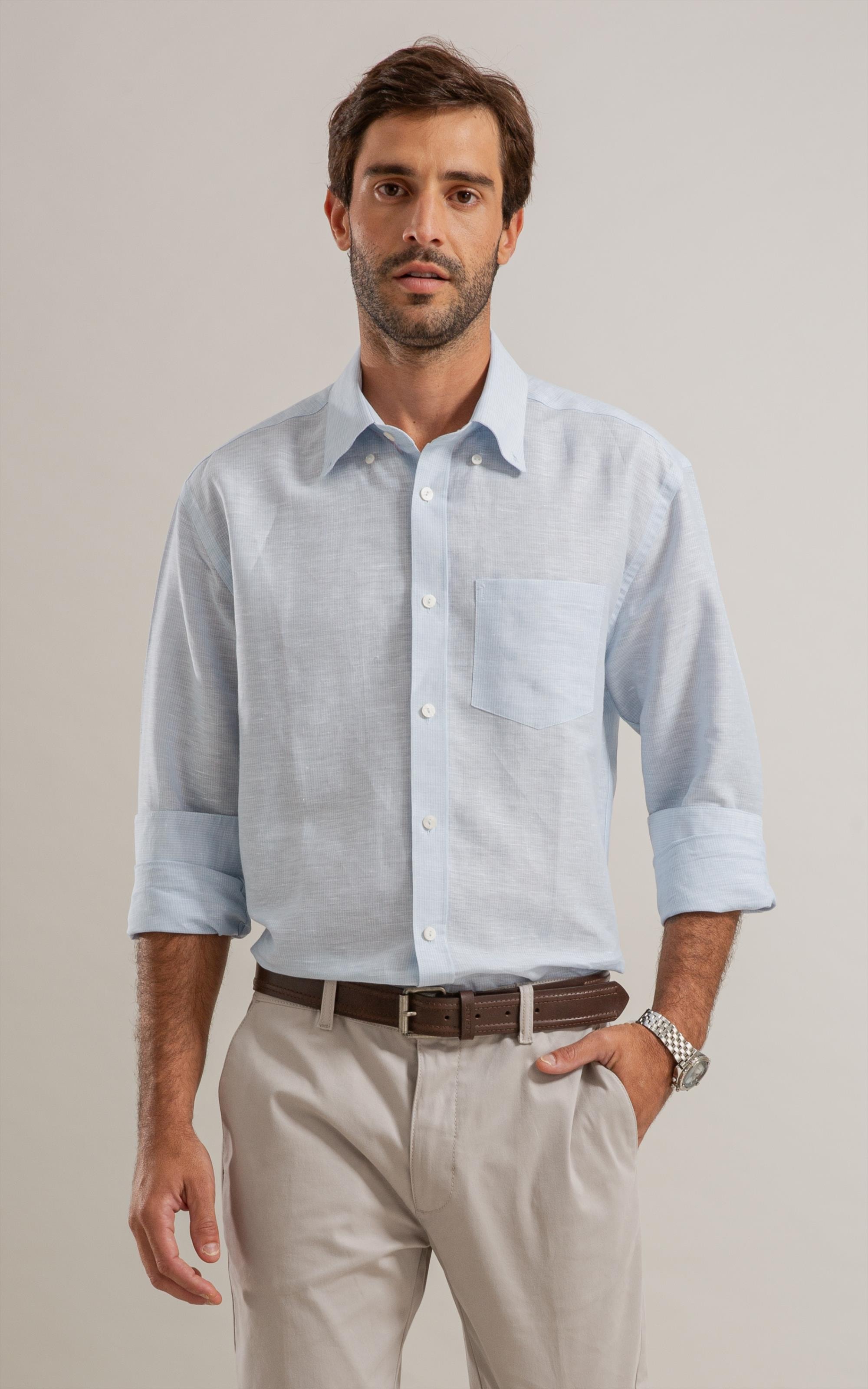 Camisa Linho  Listrado Marcio Ml Azul Claro