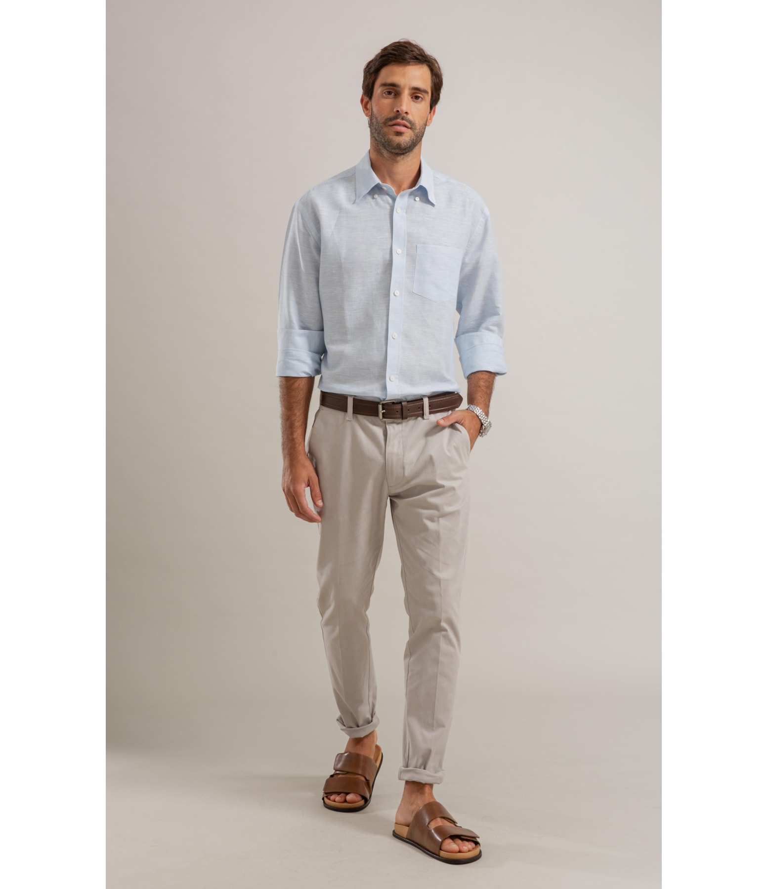 Camisa Linho  Listrado Marcio Ml Azul Claro