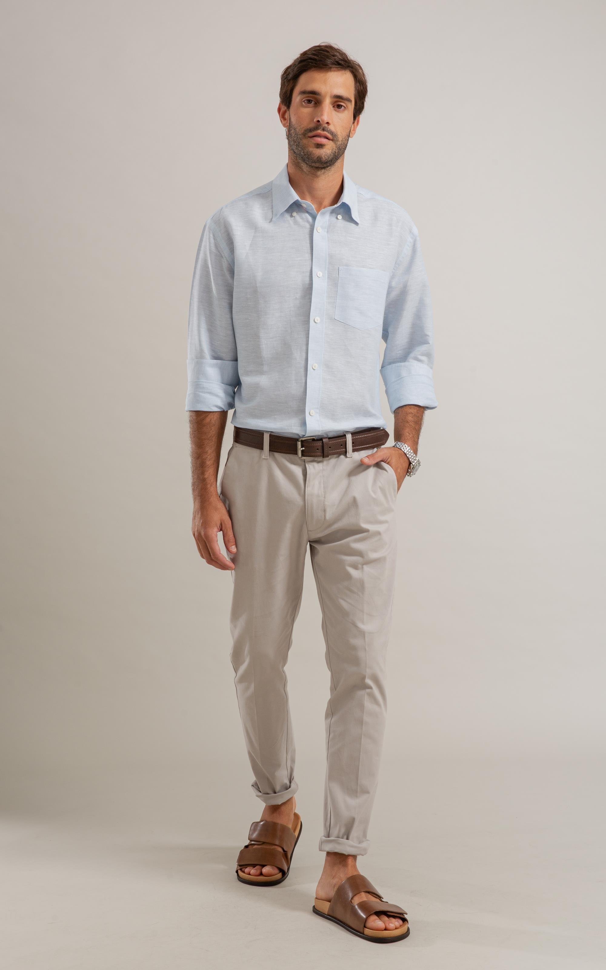 Camisa Linho  Listrado Marcio Ml Azul Claro