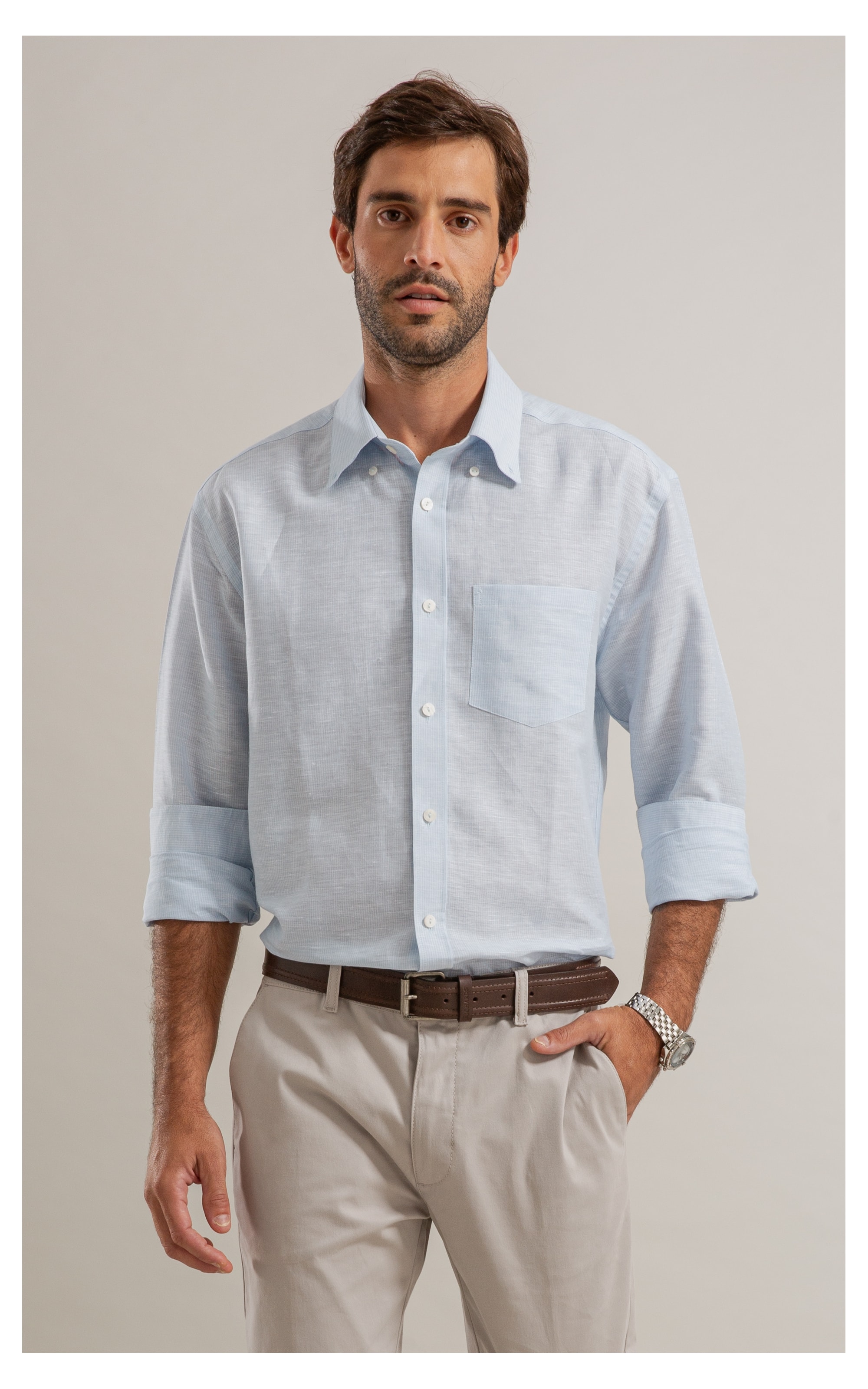 Camisa Linho  Listrado Marcio Ml Azul Claro
