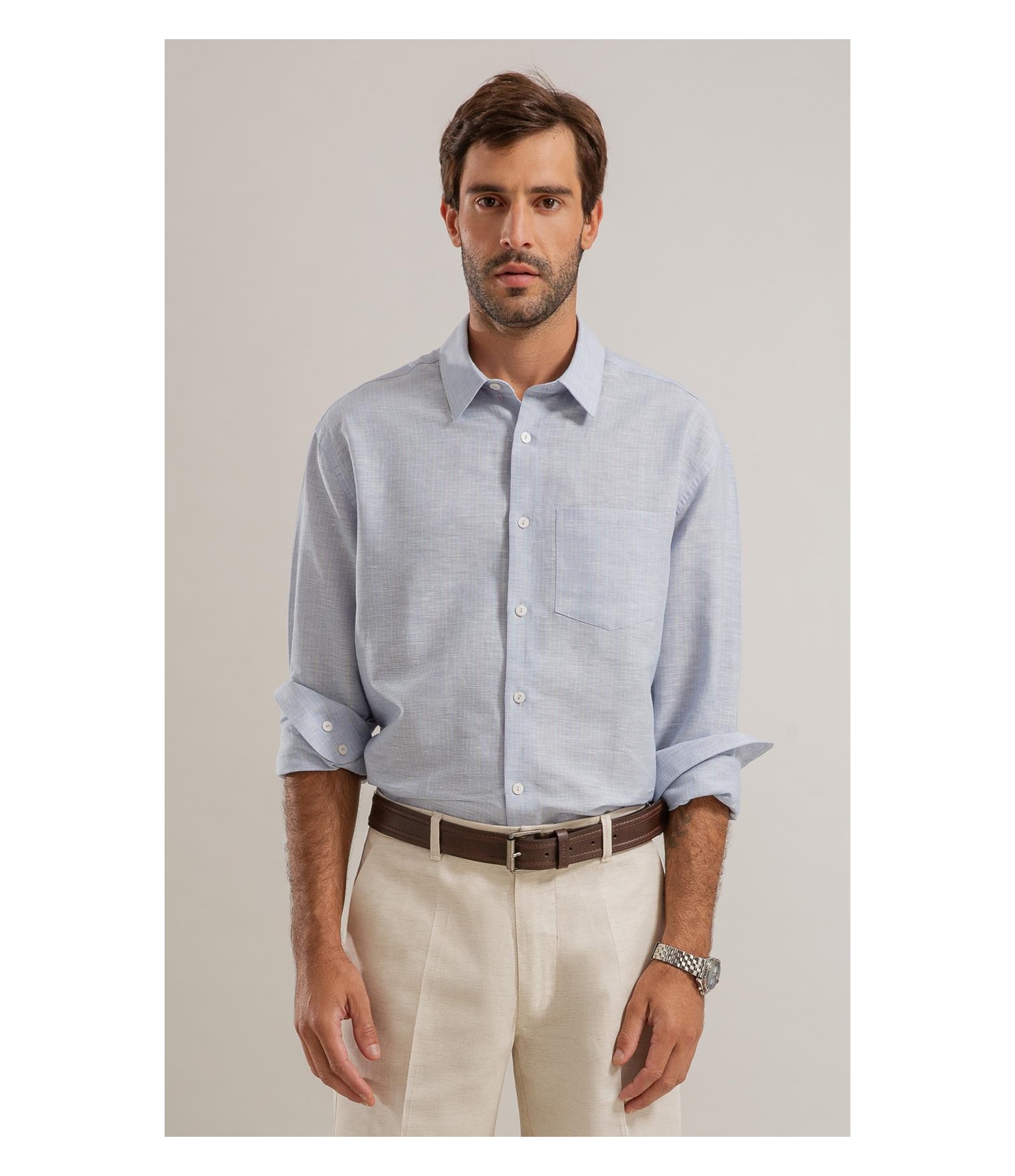 Camisa Linho  Listrado Mario Ml Azul Claro