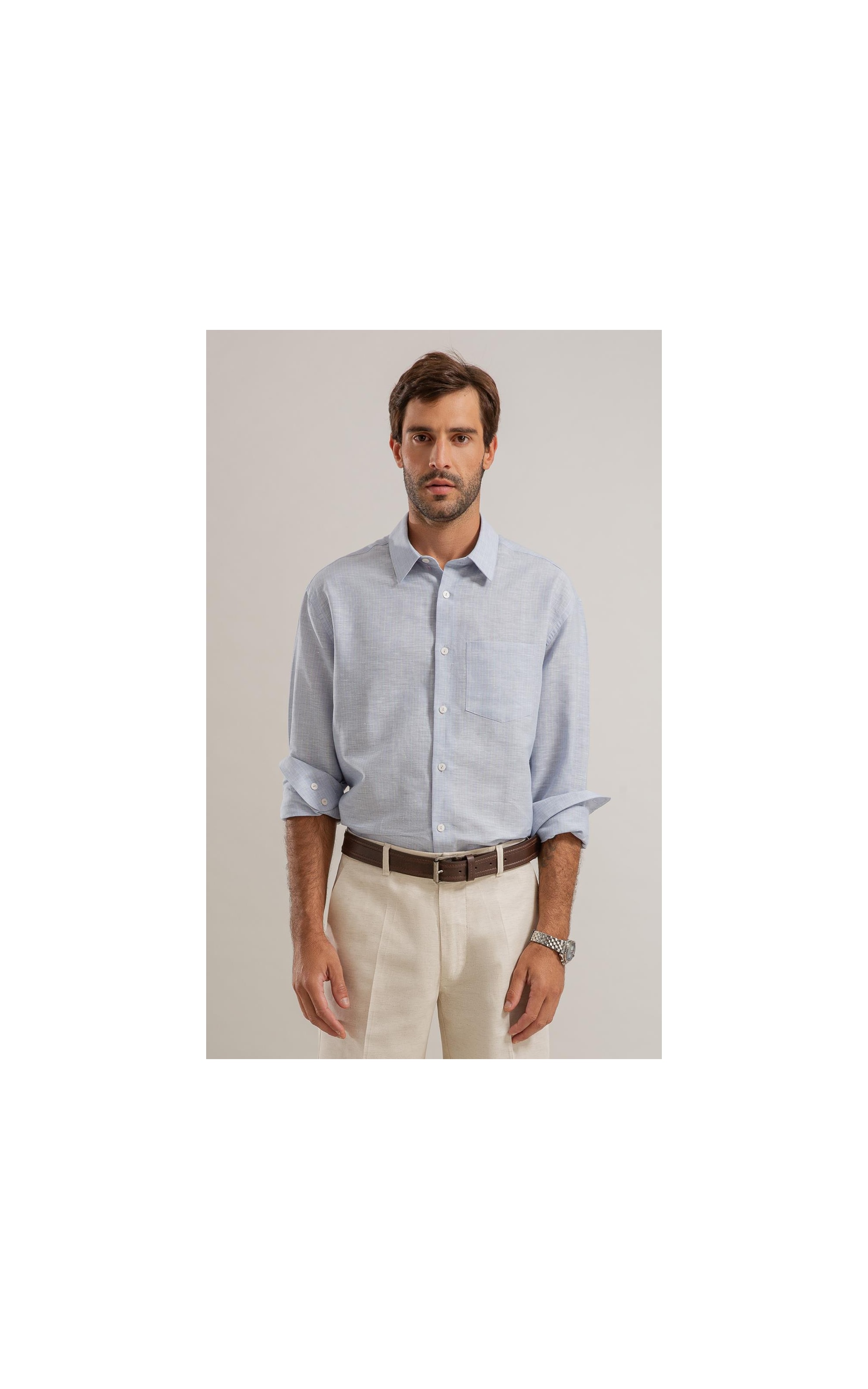 Camisa Linho  Listrado Mario Ml Azul Claro