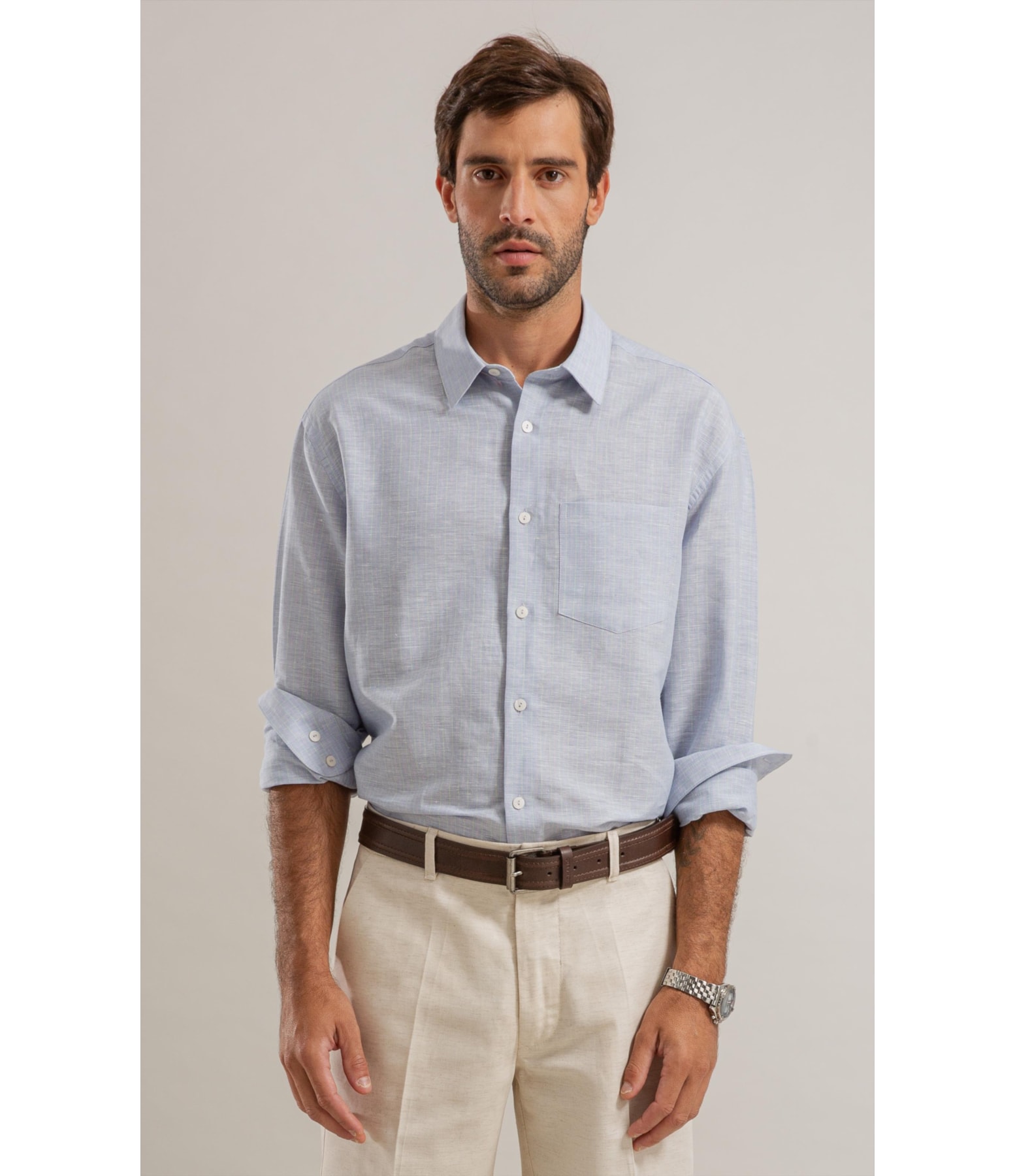 Camisa Linho  Listrado Mario Ml Azul Claro