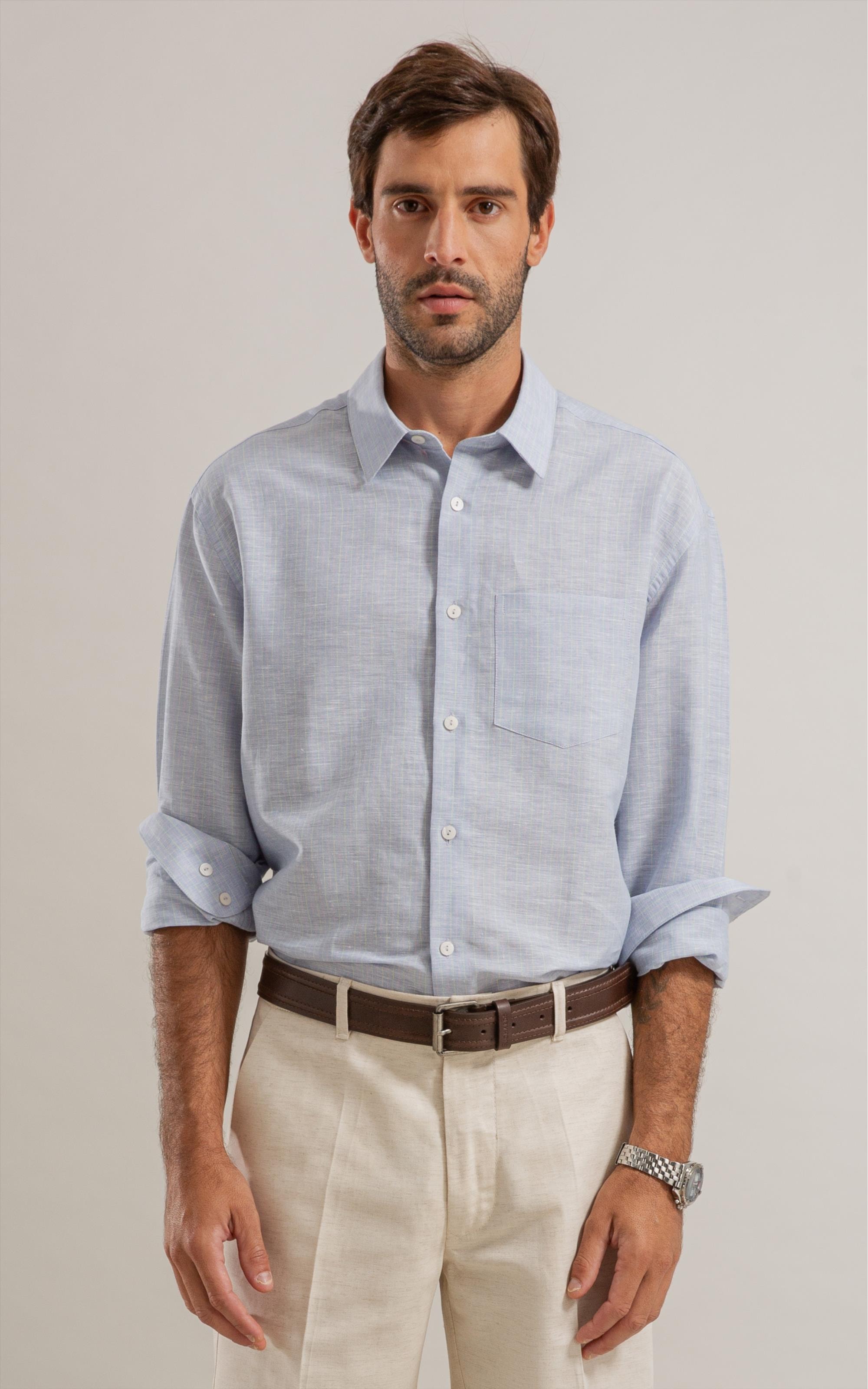 Camisa Linho  Listrado Mario Ml Azul Claro