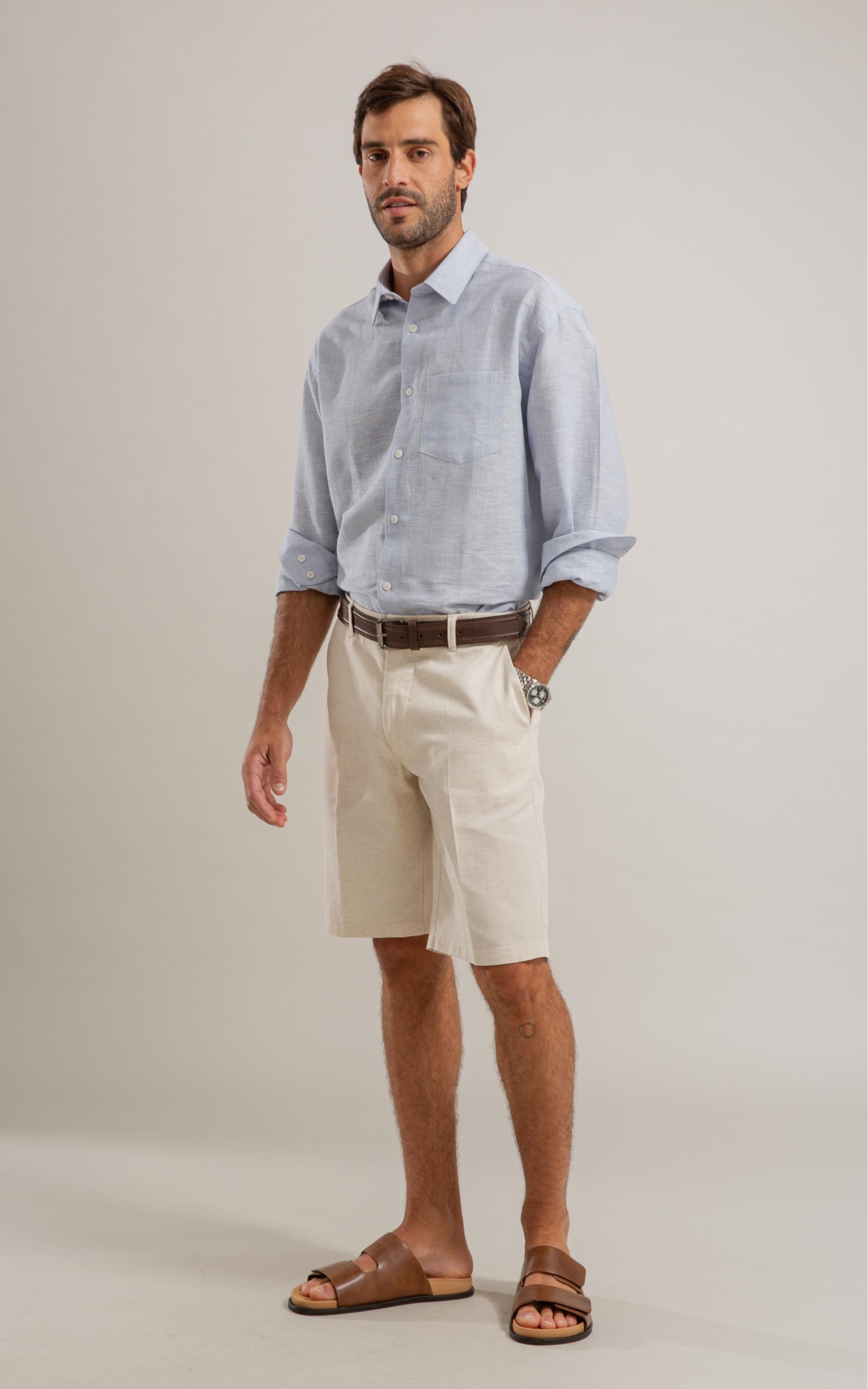 Camisa Linho  Listrado Mario Ml Azul Claro