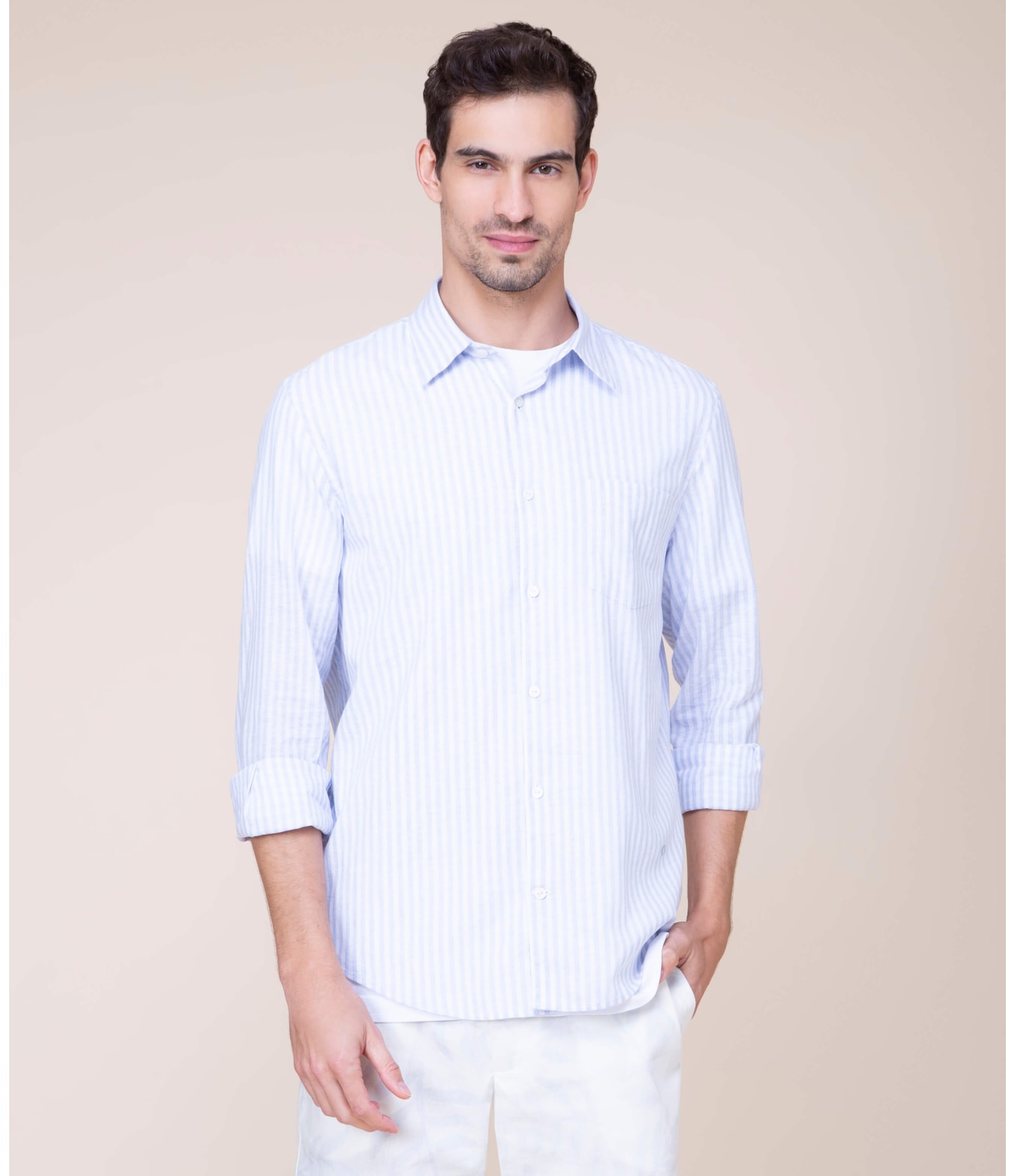 Camisa Linho  Luiz Listrada Ml Azul Claro