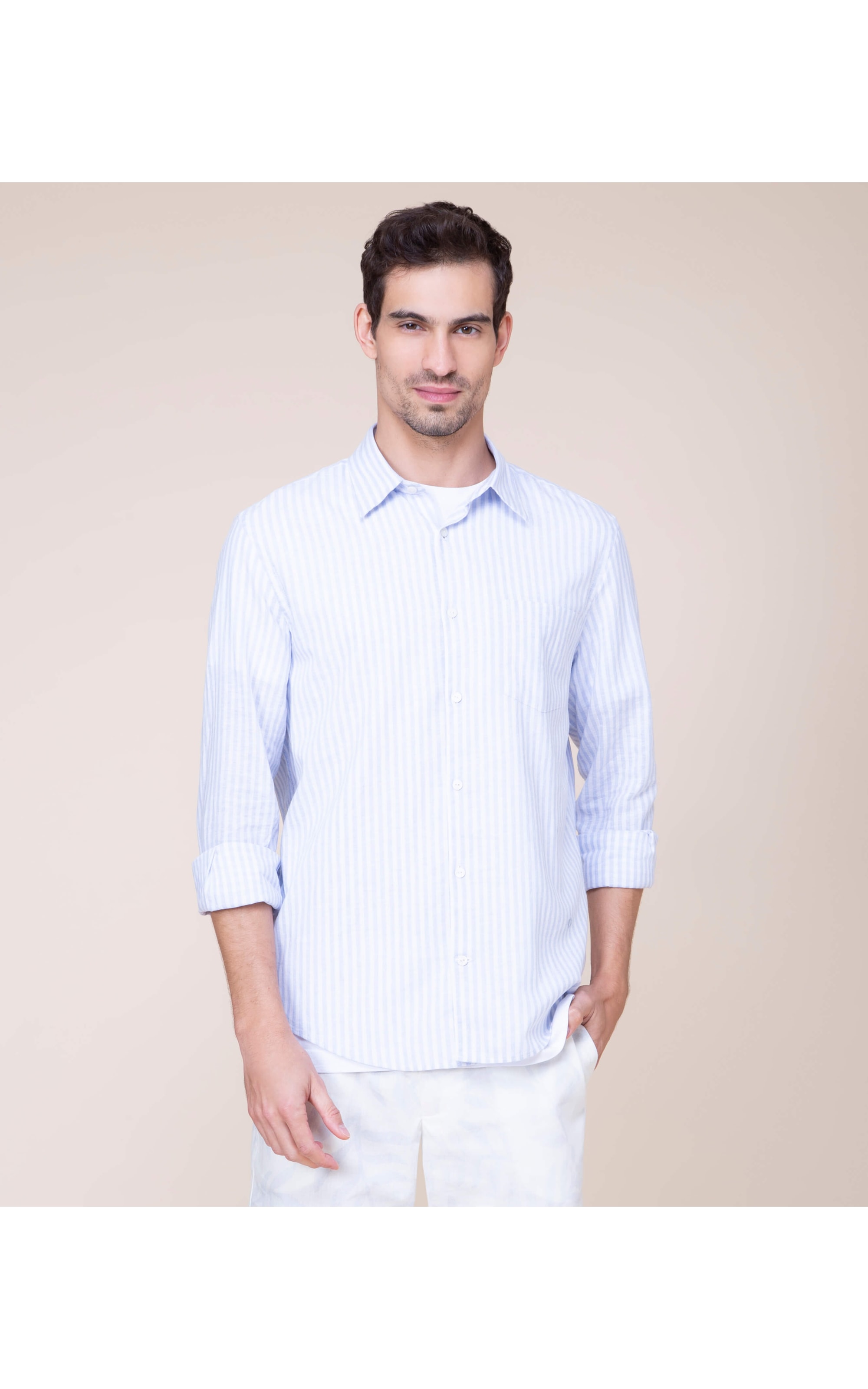 Camisa Linho  Luiz Listrada Ml Azul Claro