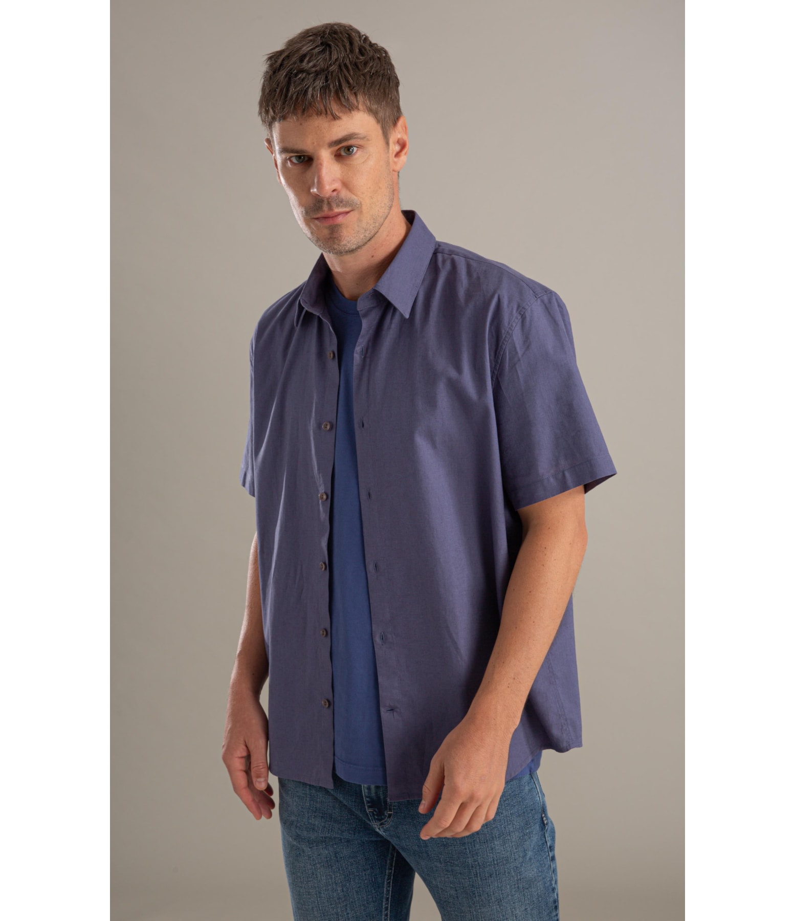 Camisa Linho Mc Azul Seco