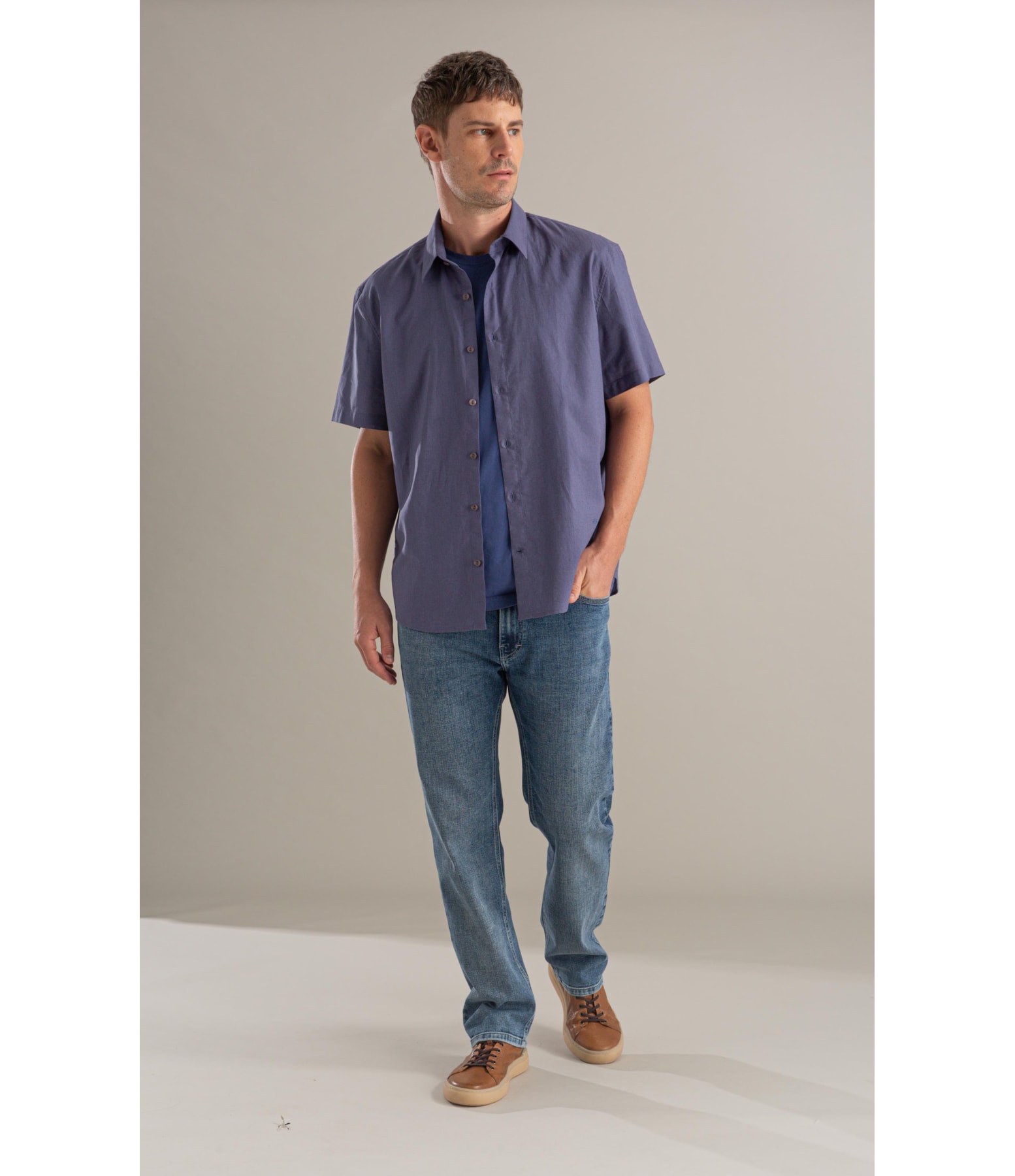 Camisa Linho Mc Azul Seco