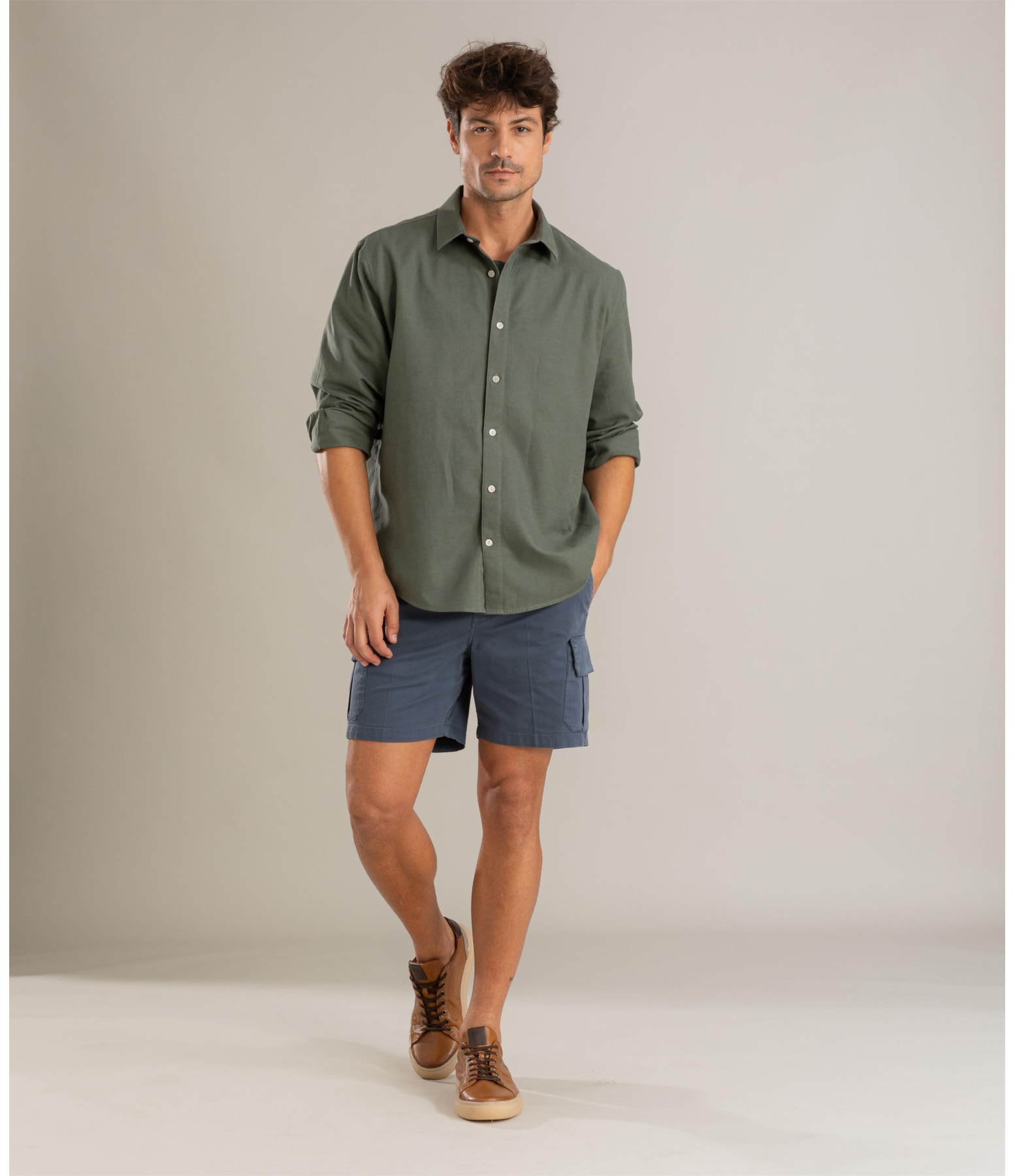 Camisa Linho Ml Verde Army