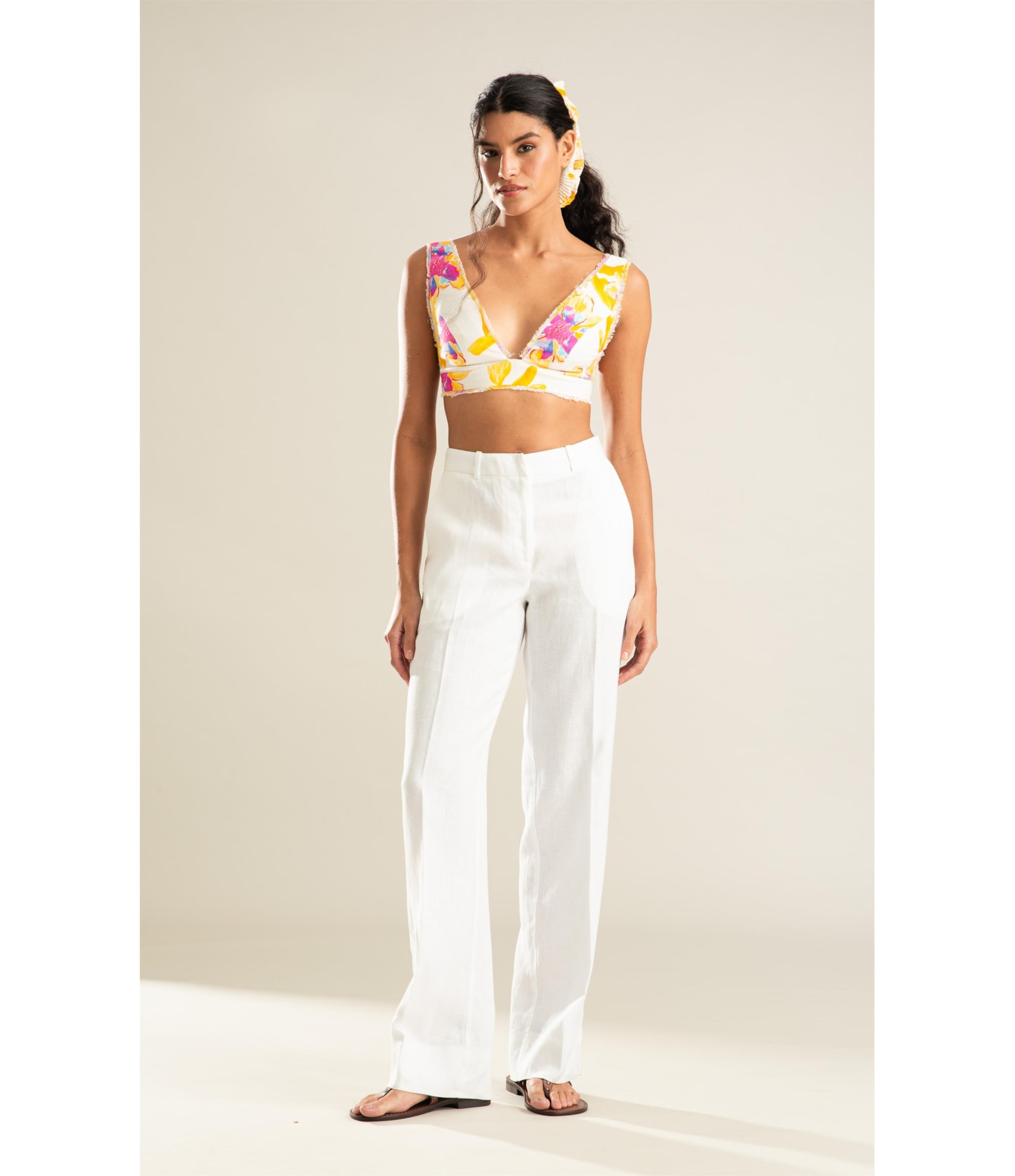Camisa Linho  Nina Art Flower Branco