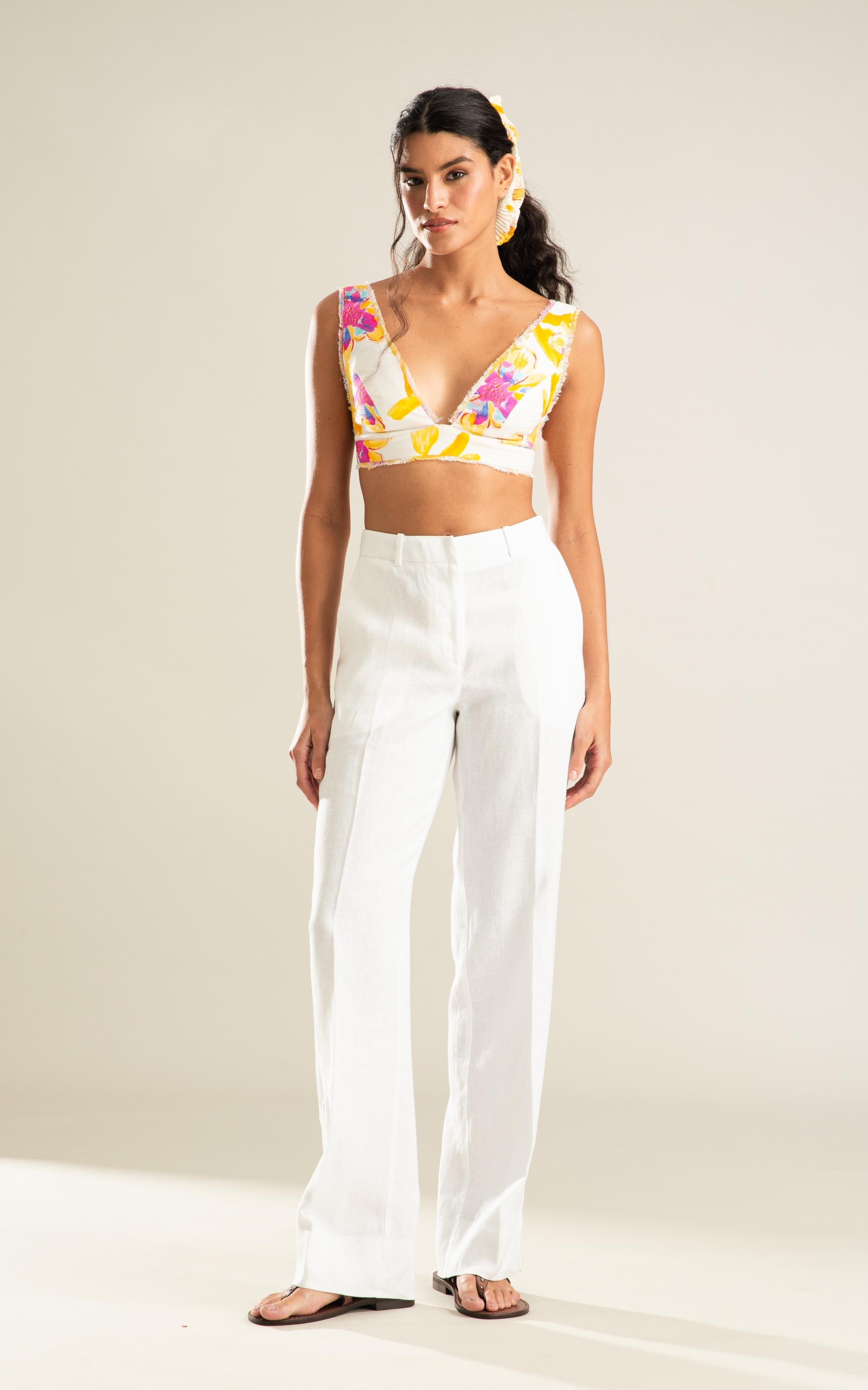 Camisa Linho  Nina Art Flower Branco
