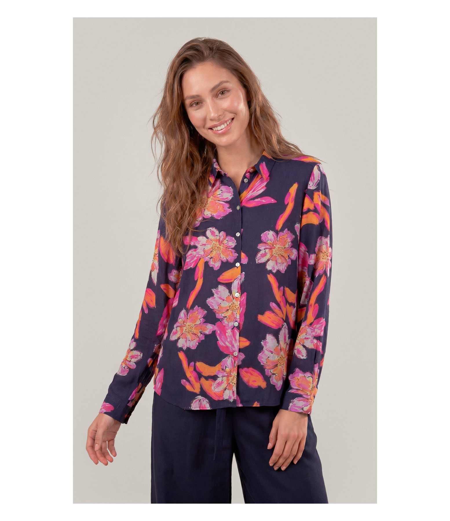 Camisa Linho  Nina Art Flower Dark Navy