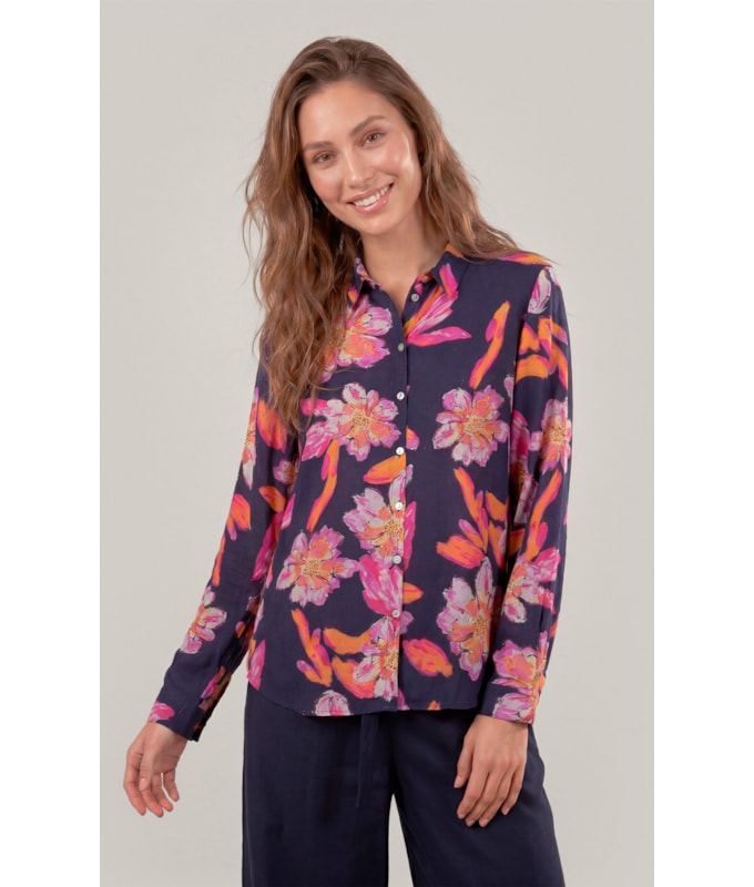Camisa Linho  Nina Art Flower Dark Navy