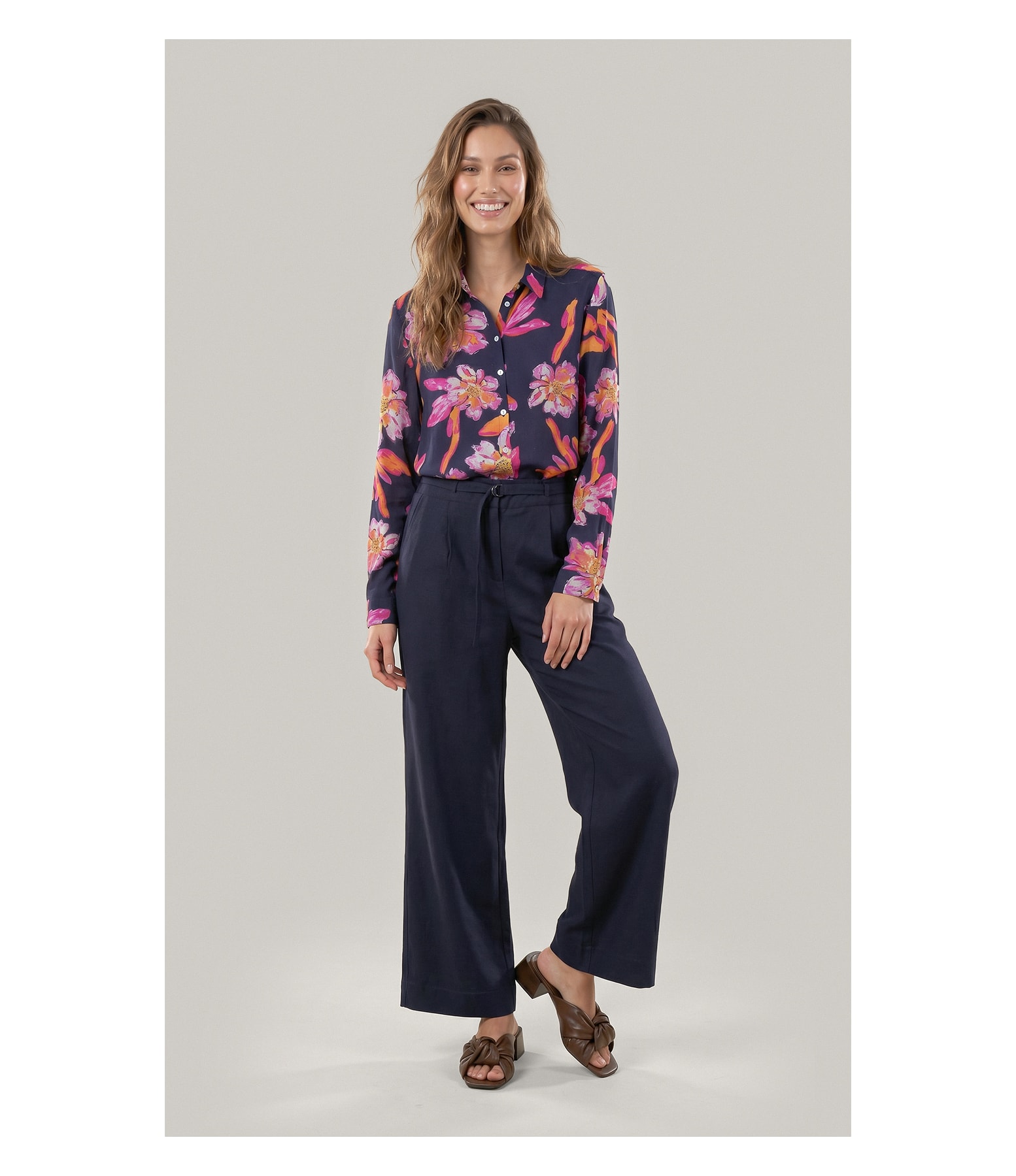 Camisa Linho  Nina Art Flower Dark Navy