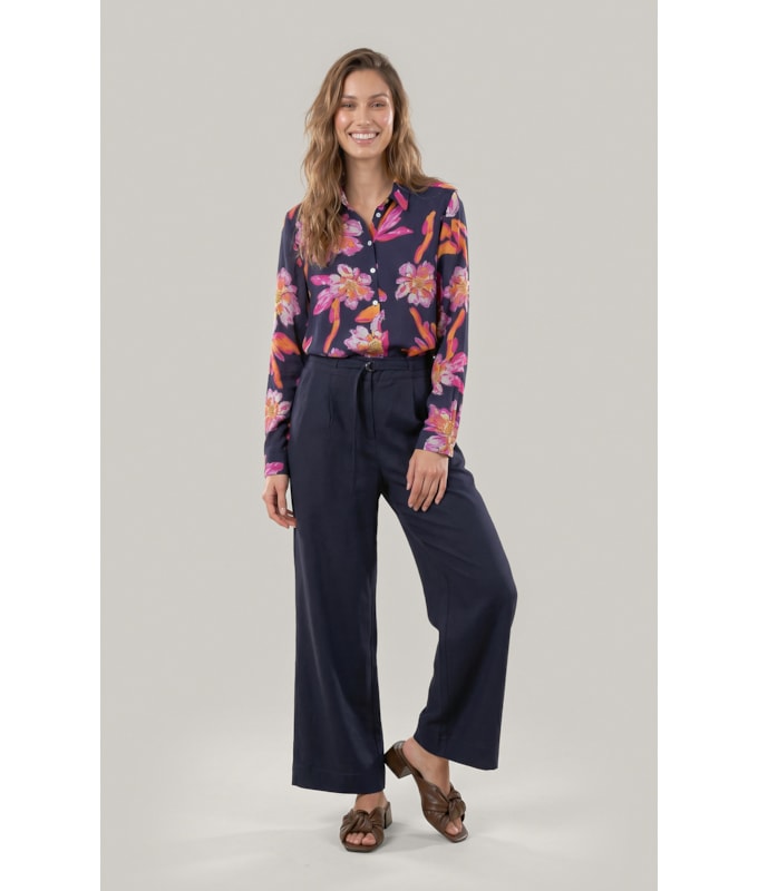 Camisa Linho  Nina Art Flower Dark Navy