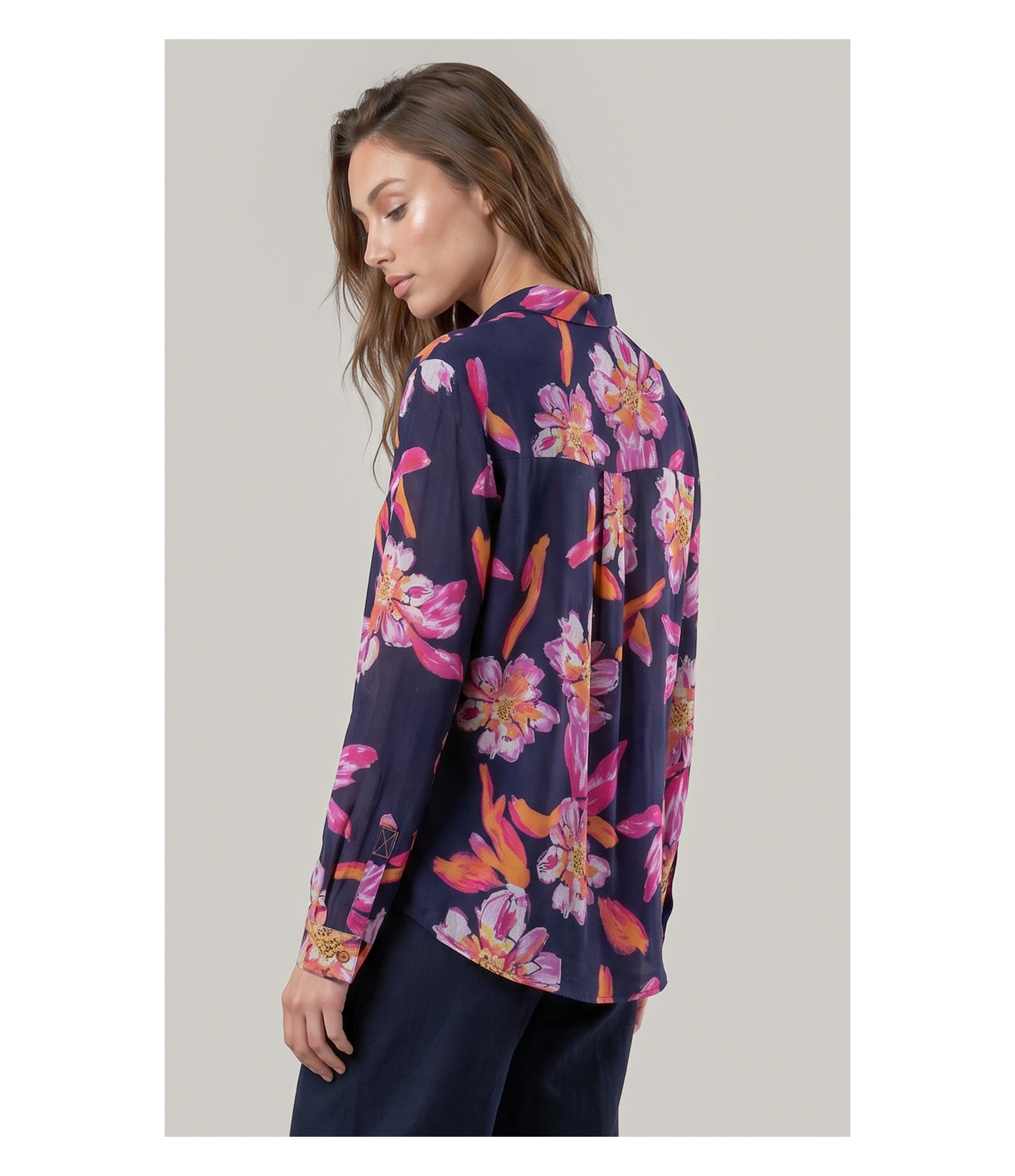 Camisa Linho  Nina Art Flower Dark Navy