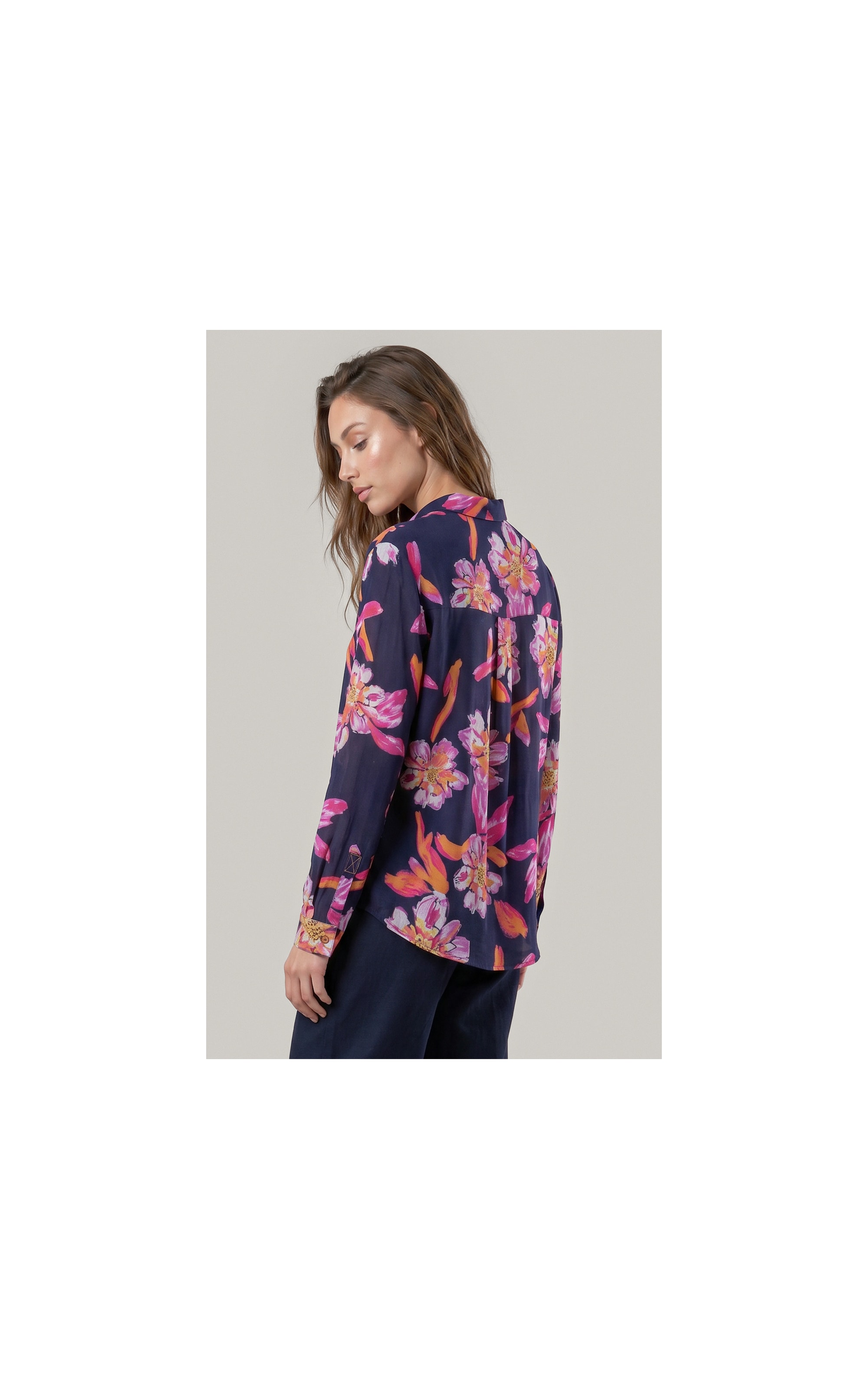 Camisa Linho  Nina Art Flower Dark Navy