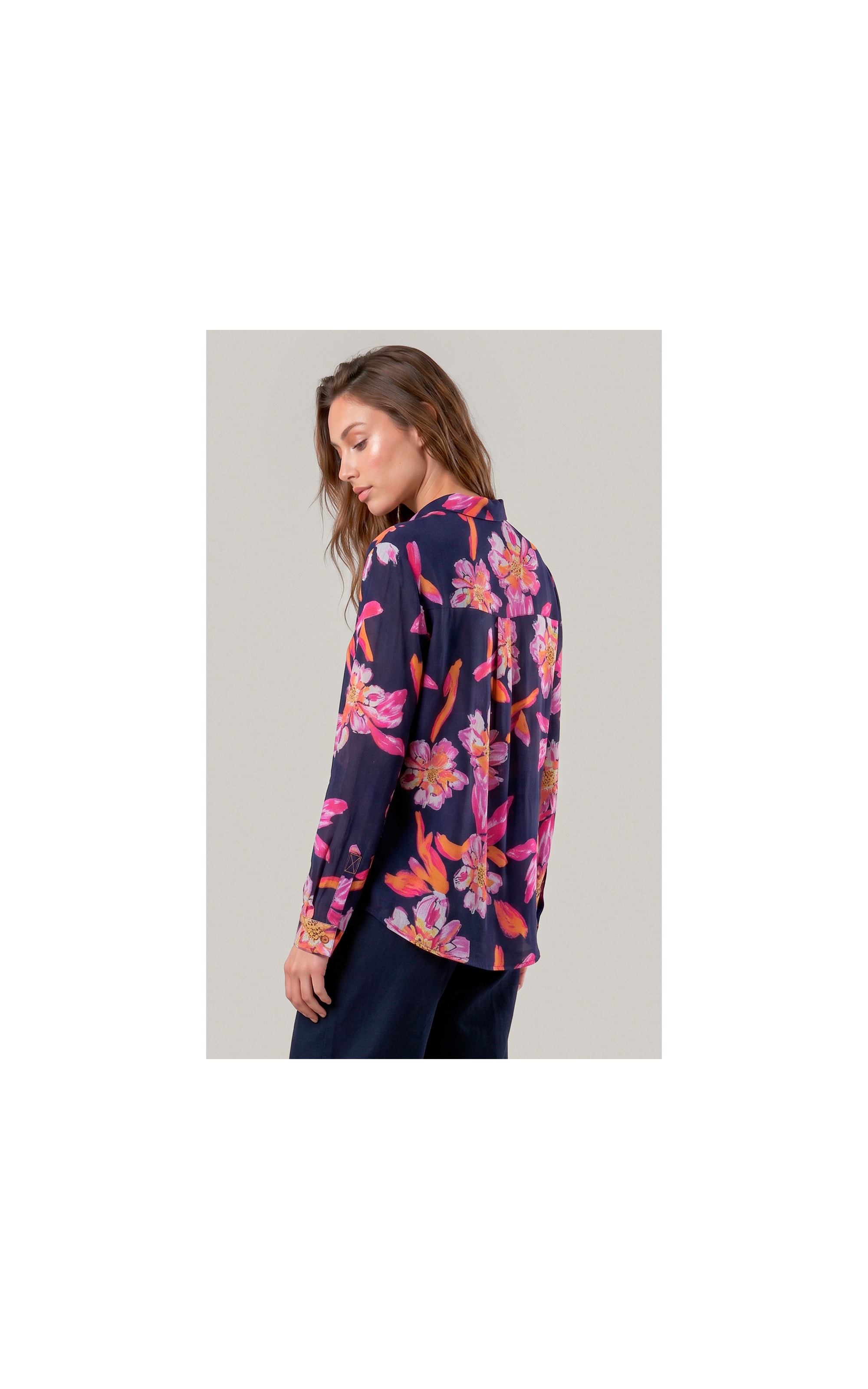 Camisa Linho  Nina Art Flower Dark Navy