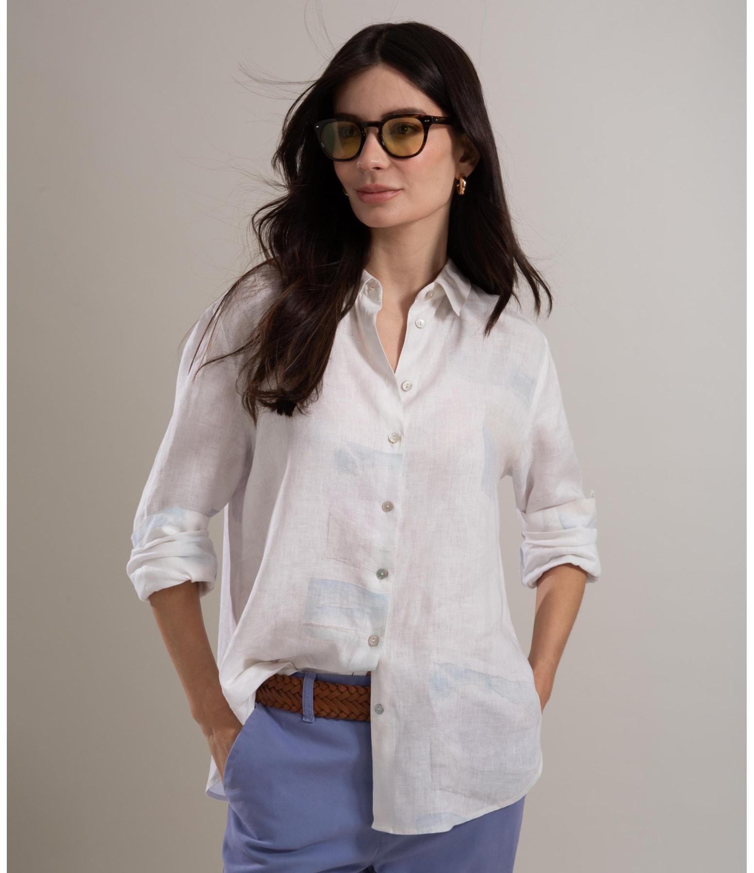 Camisa Linho  Nina Palmeira Acqua Branco