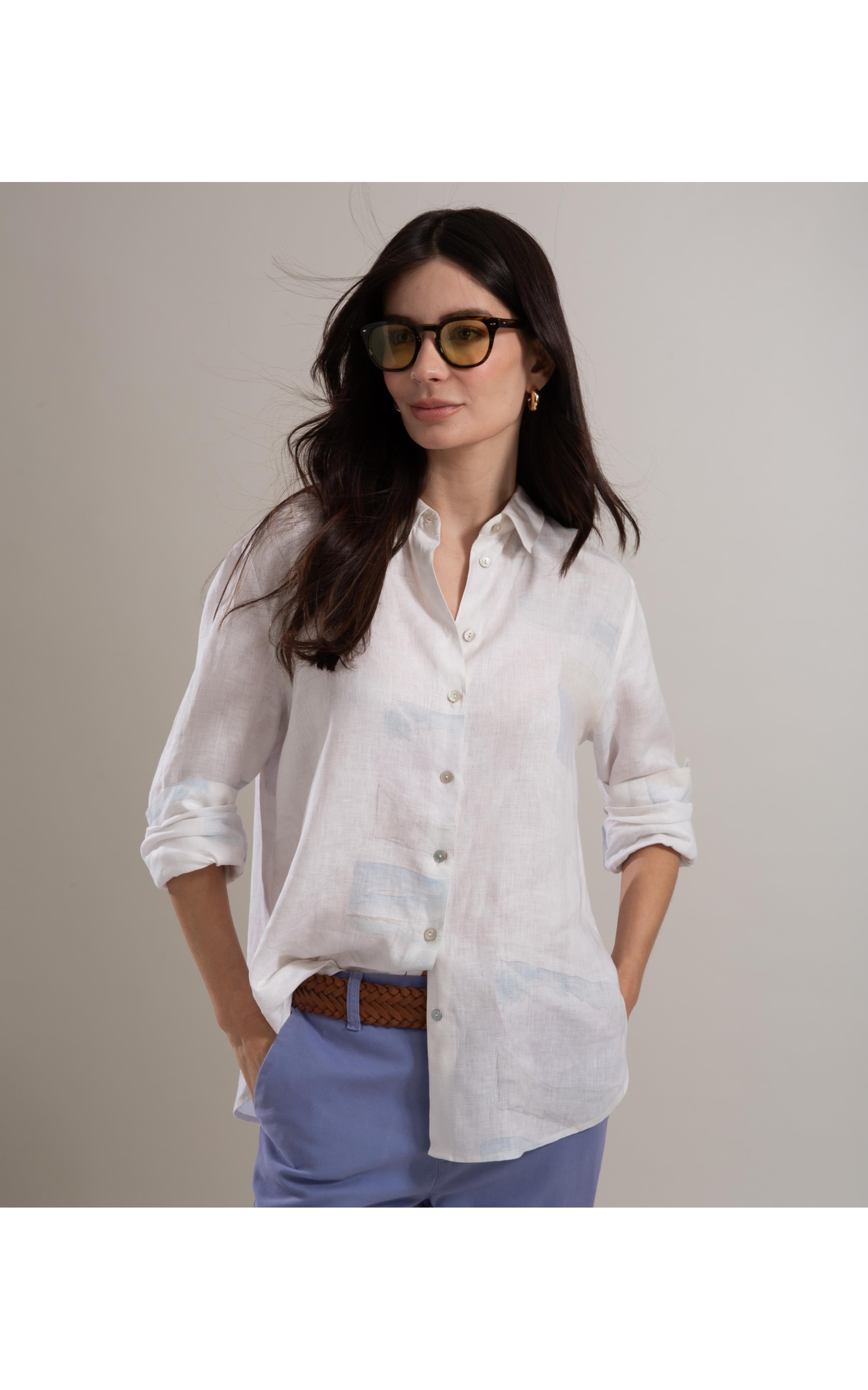 Camisa Linho  Nina Palmeira Acqua Branco