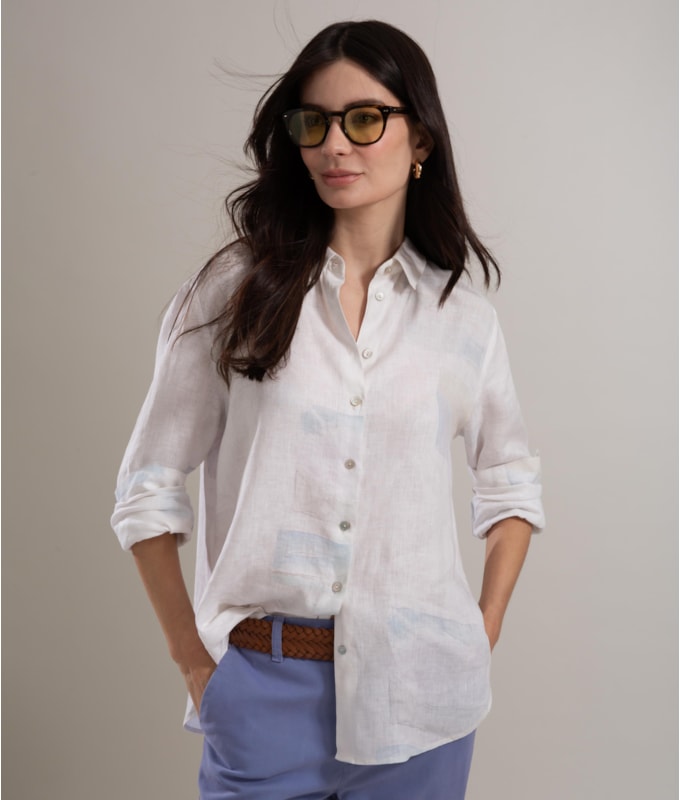 Camisa Linho  Nina Palmeira Acqua Branco