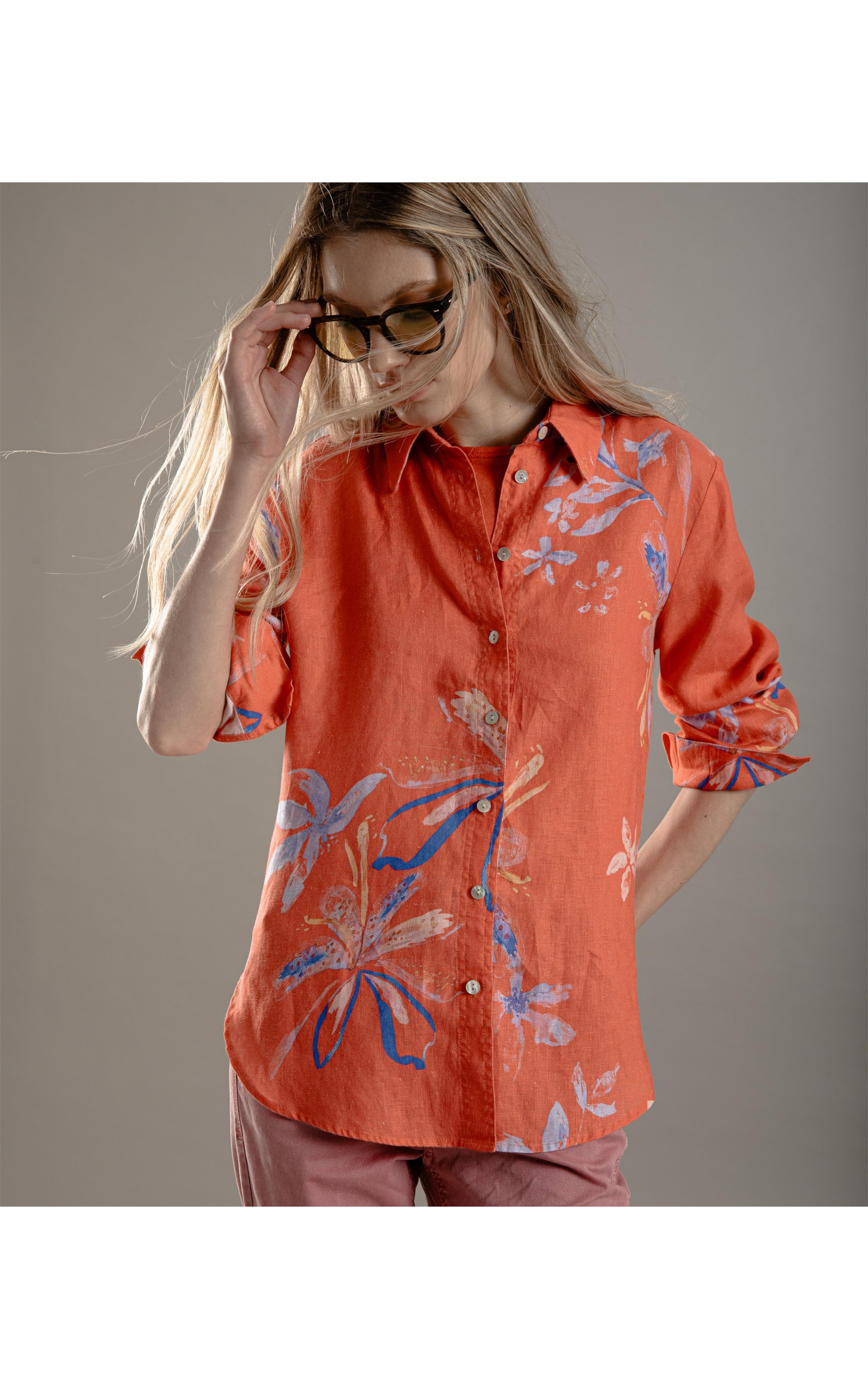 Camisa Linho  Nina Soft Flower Vermelho