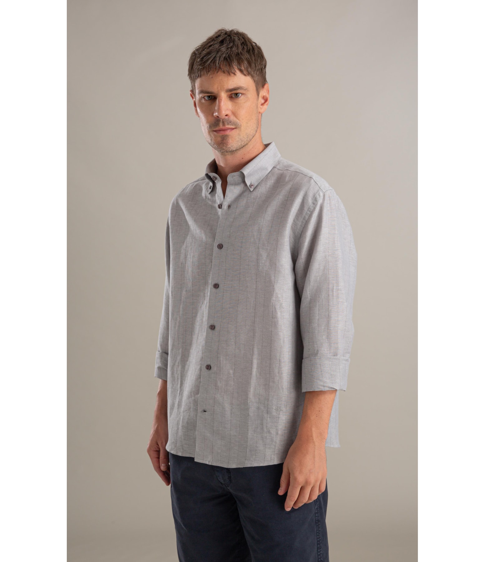 Camisa Linho  Stripes Vicente Ml Silver Gray
