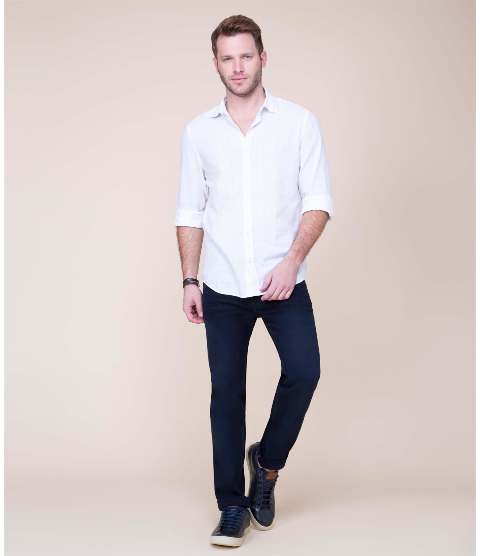 Camisa Linho  Thales Listrada Ml Azul Bic