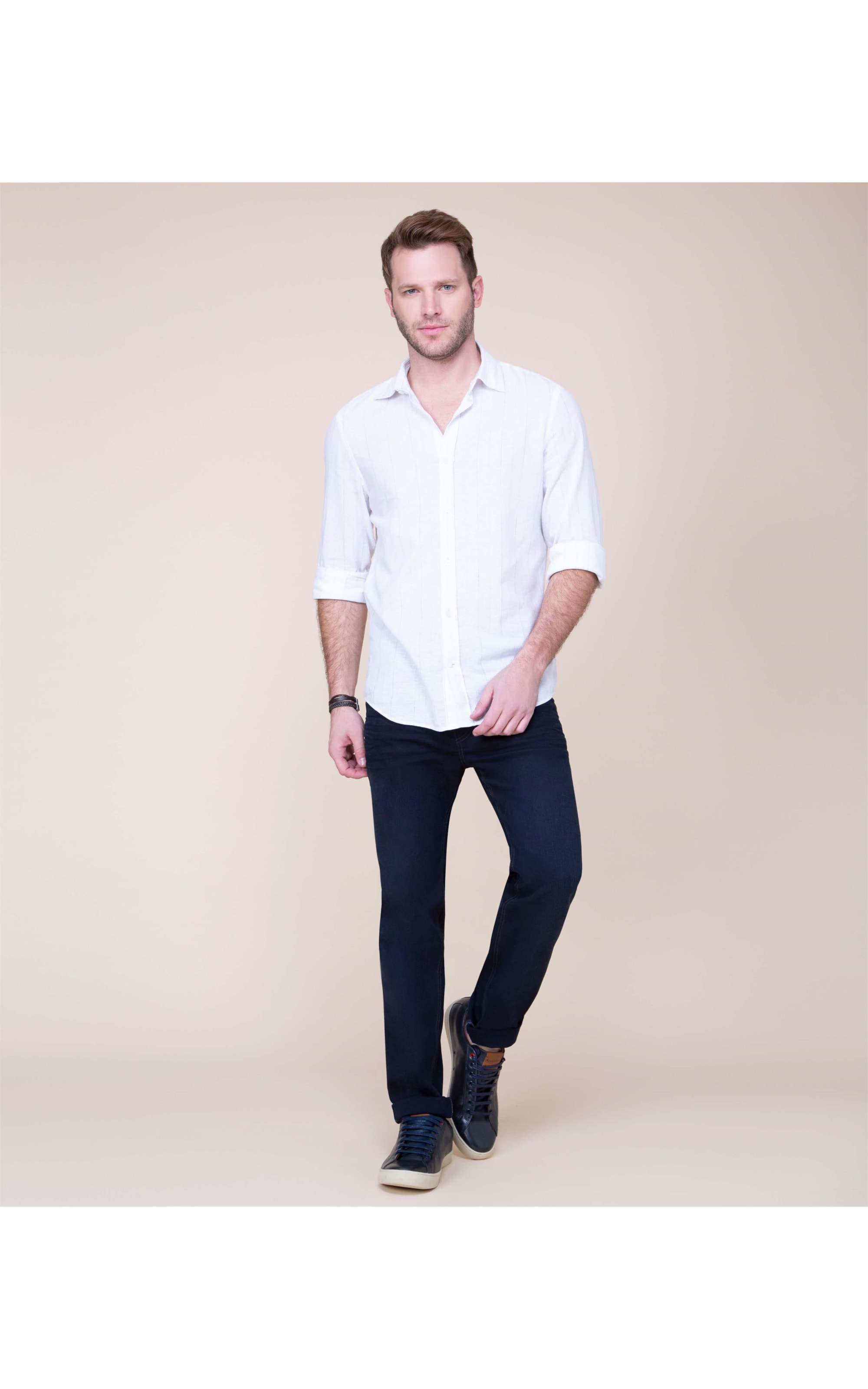 Camisa Linho  Thales Listrada Ml Azul Bic