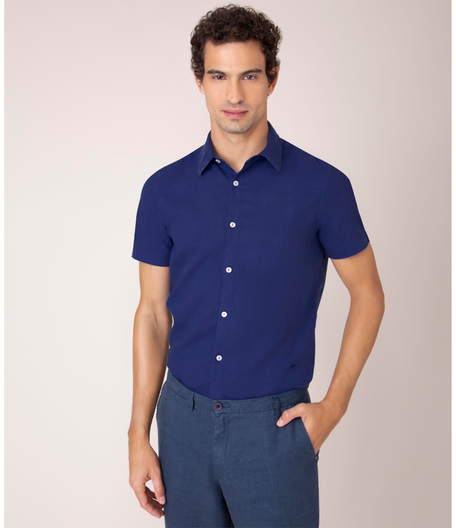 Camisa Linho  Tinturada Lisa M/c Azulão