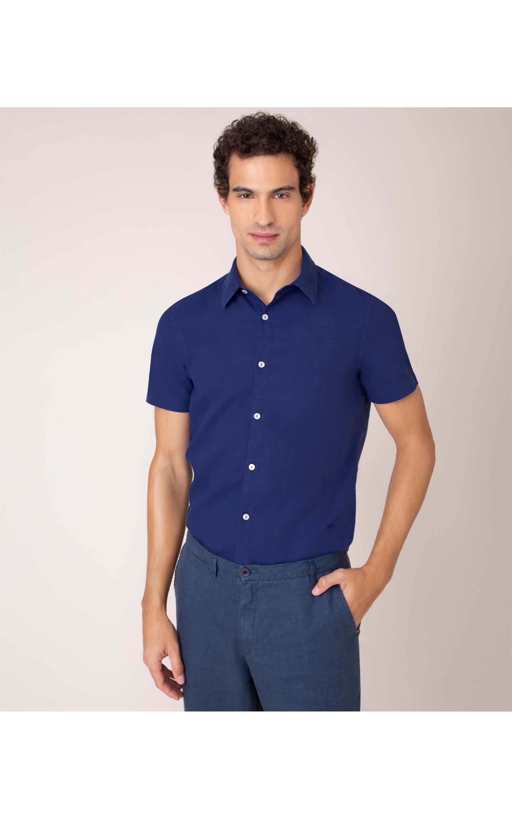 Camisa Linho  Tinturada Lisa M/c Azulão
