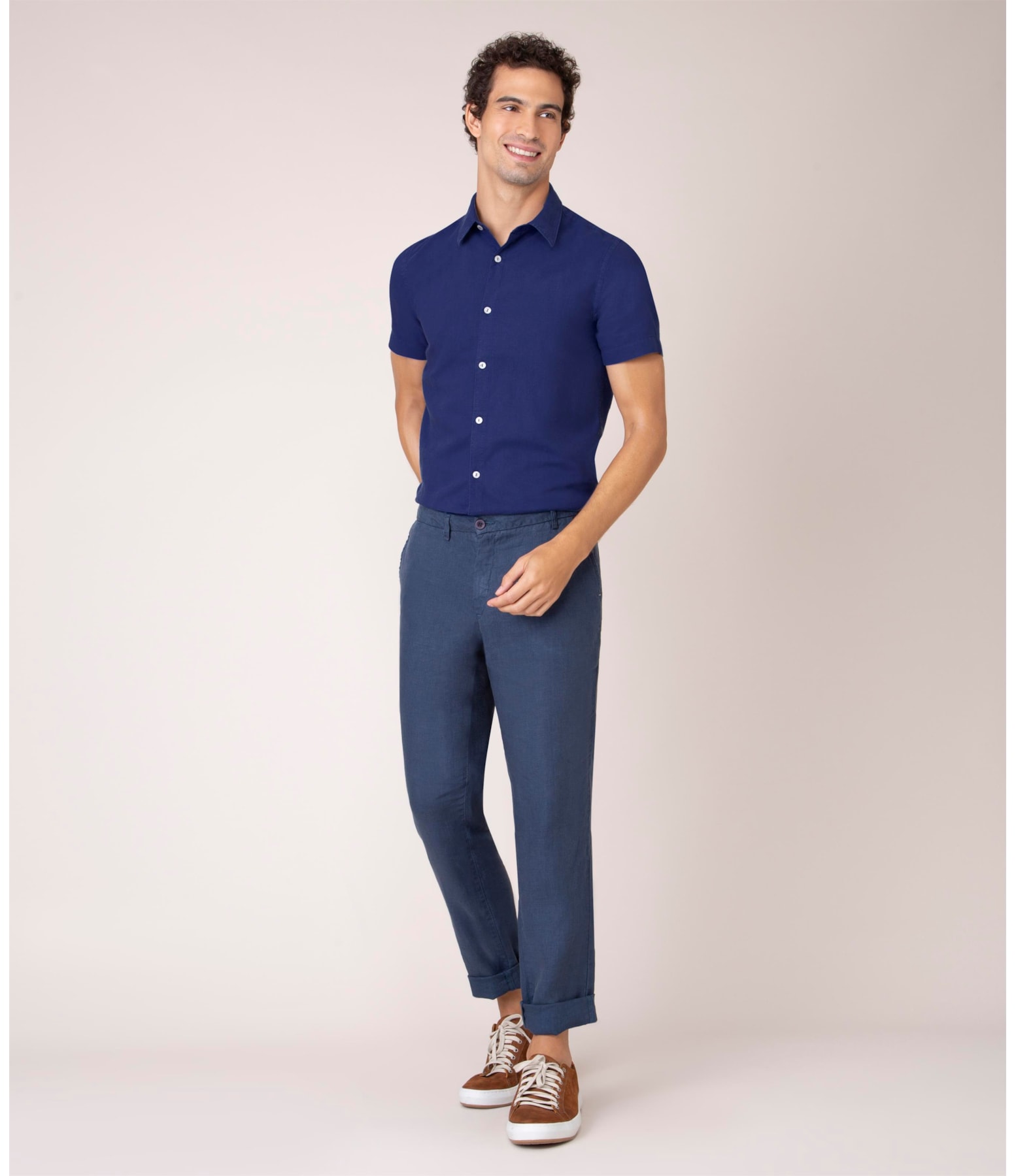 Camisa Linho  Tinturada Lisa M/c Azulão