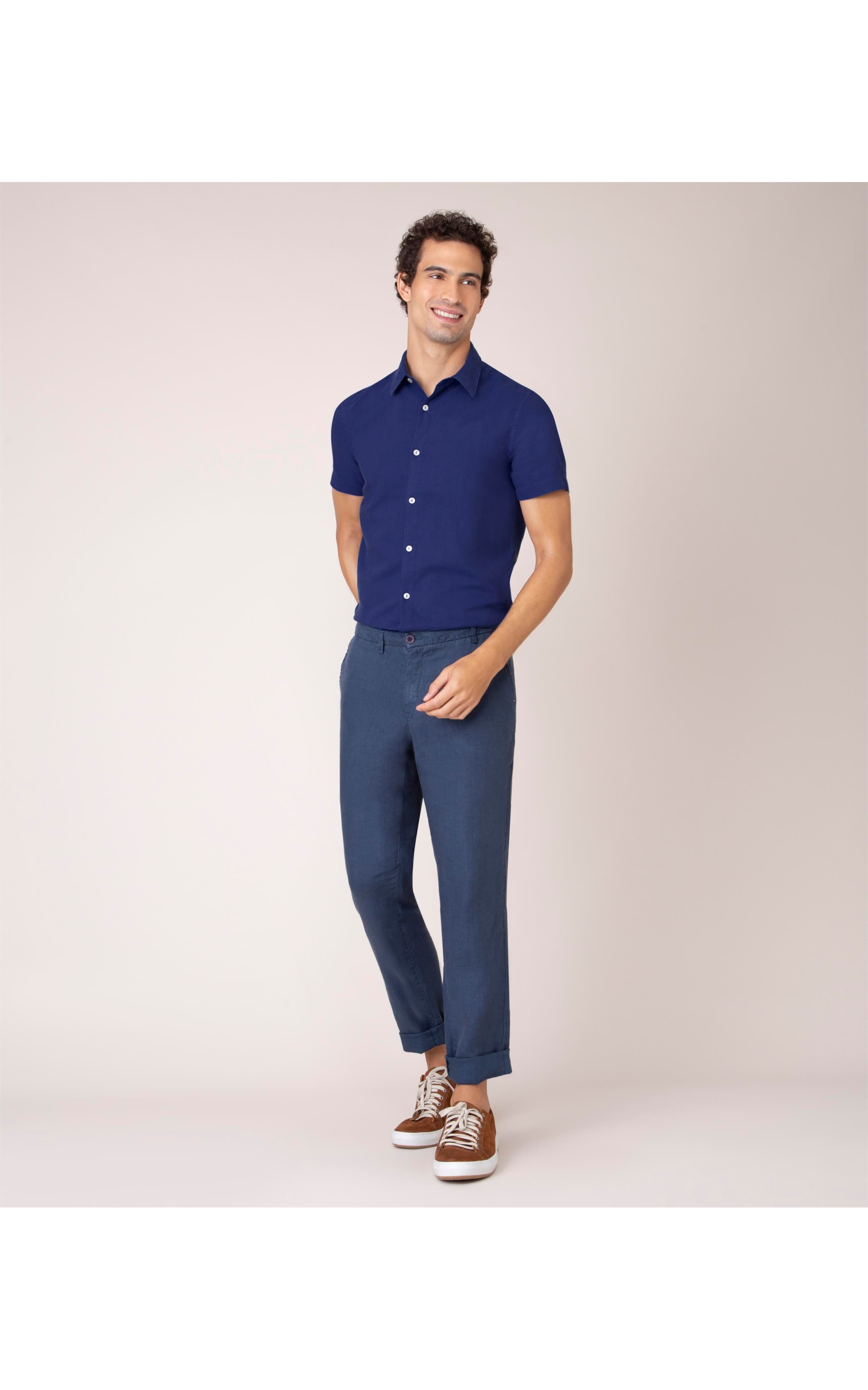 Camisa Linho  Tinturada Lisa M/c Azulão