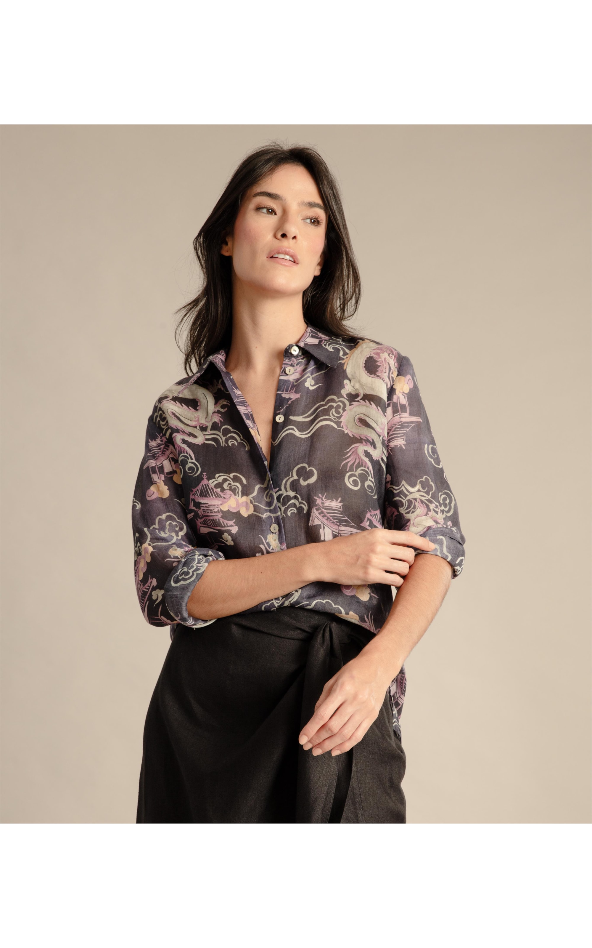 Camisa Linho Tokio Dragão Purple Blue