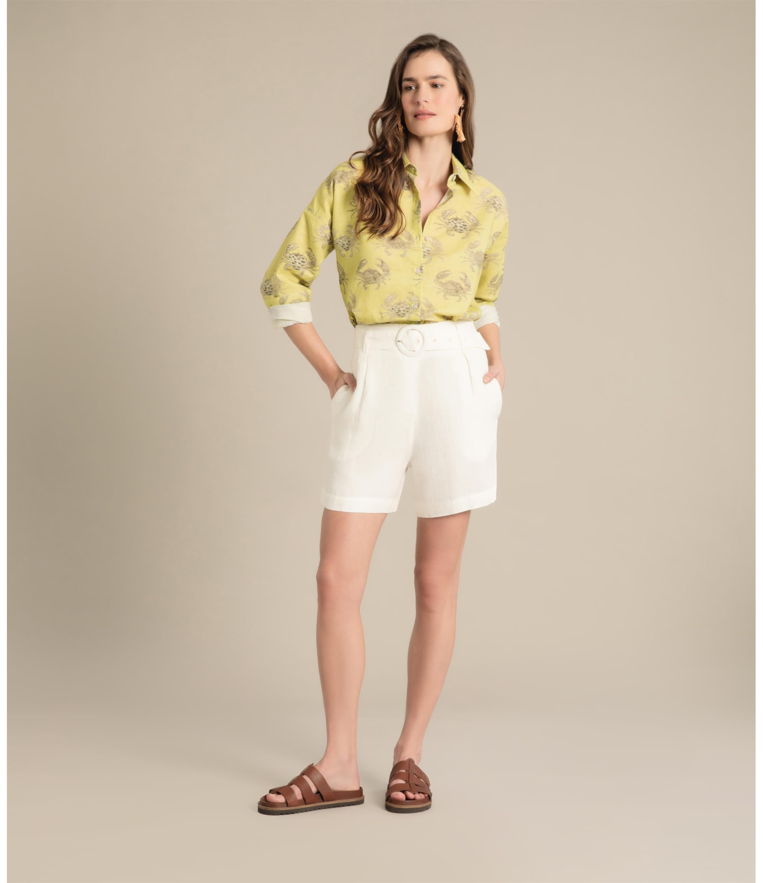 Camisa Linho  Tulipa Water Crab Lemon