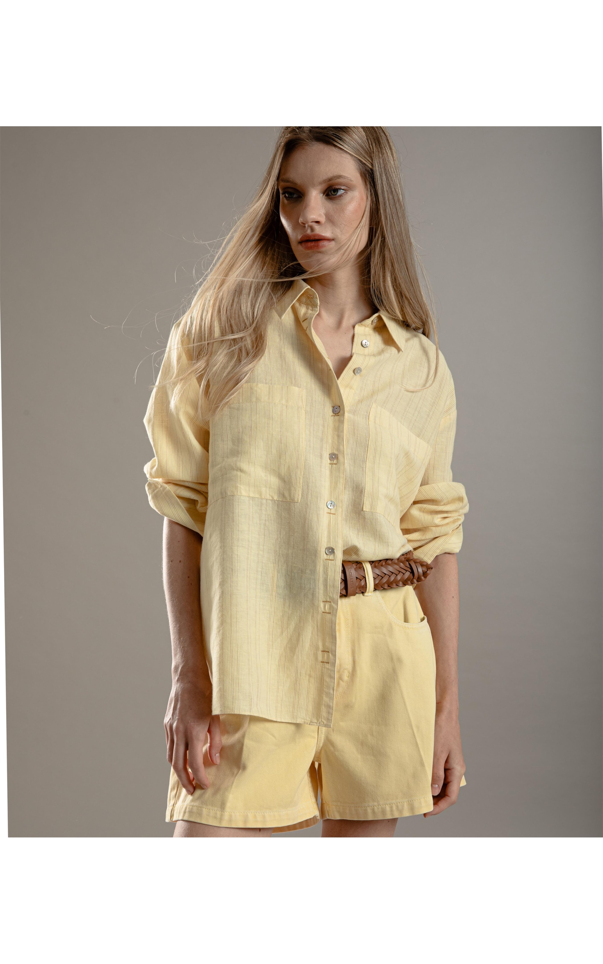 Camisa Linho  Vitta Striped Amarelo Claro