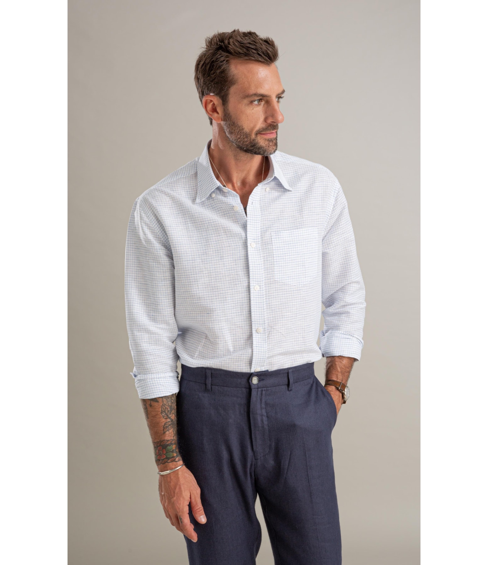 Camisa Linho  Xadrez Vagner Ml Azul Claro