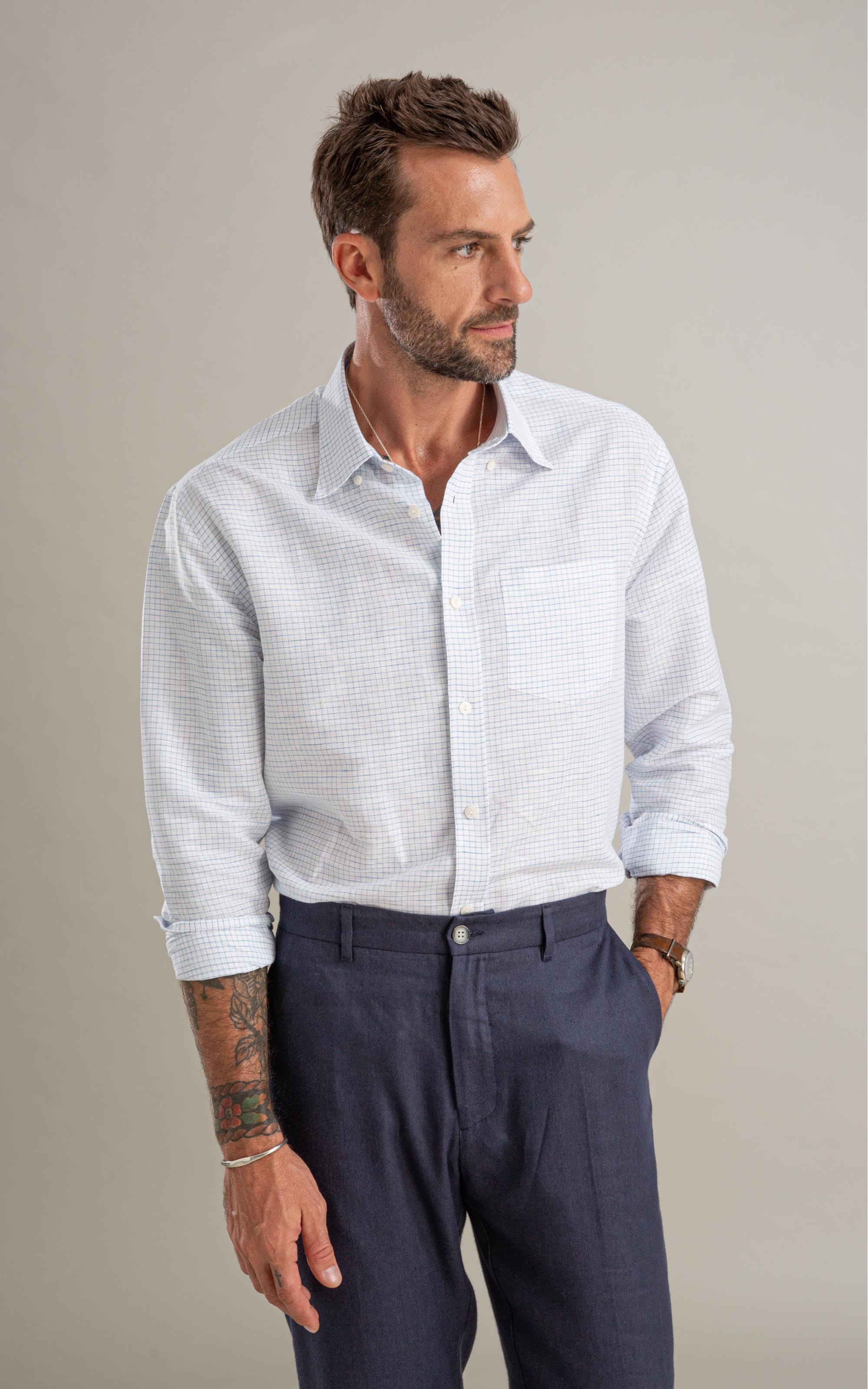 Camisa Linho  Xadrez Vagner Ml Azul Claro