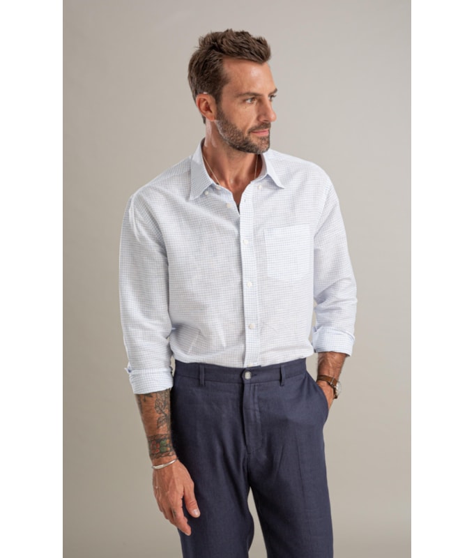 Camisa Linho  Xadrez Vagner Ml Azul Claro