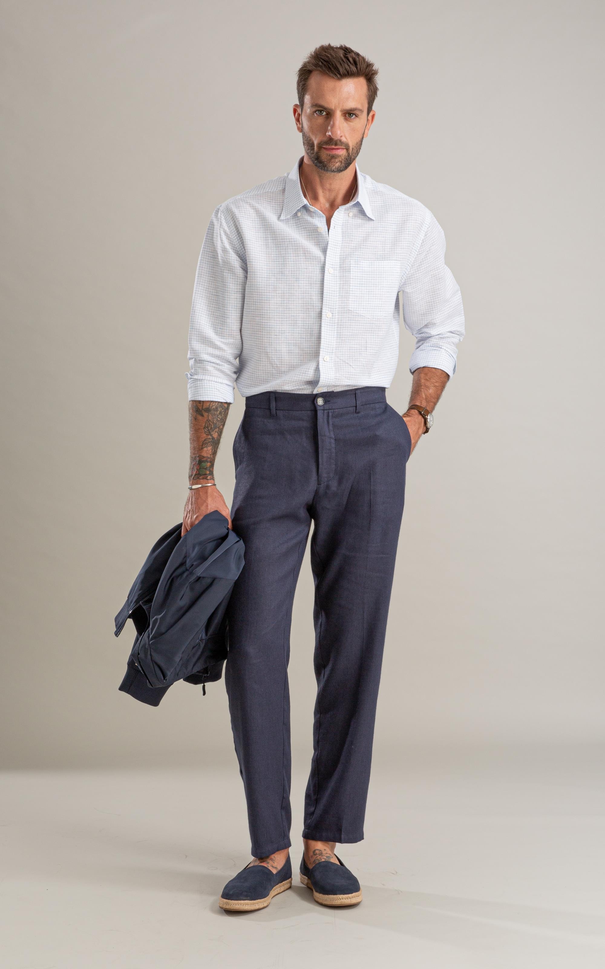 Camisa Linho  Xadrez Vagner Ml Azul Claro