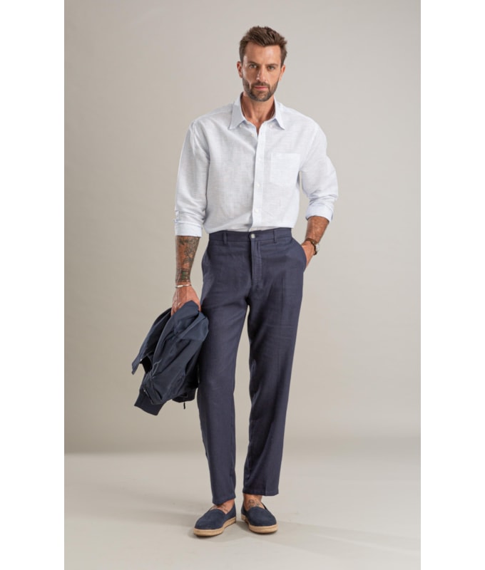 Camisa Linho  Xadrez Vagner Ml Azul Claro