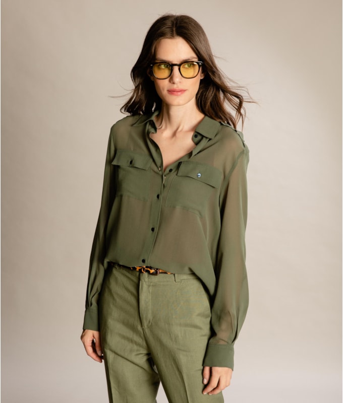 Camisa Magnolia Seda Lisa Verde Army
