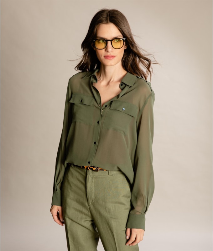 Camisa Magnolia Seda Lisa Verde Army