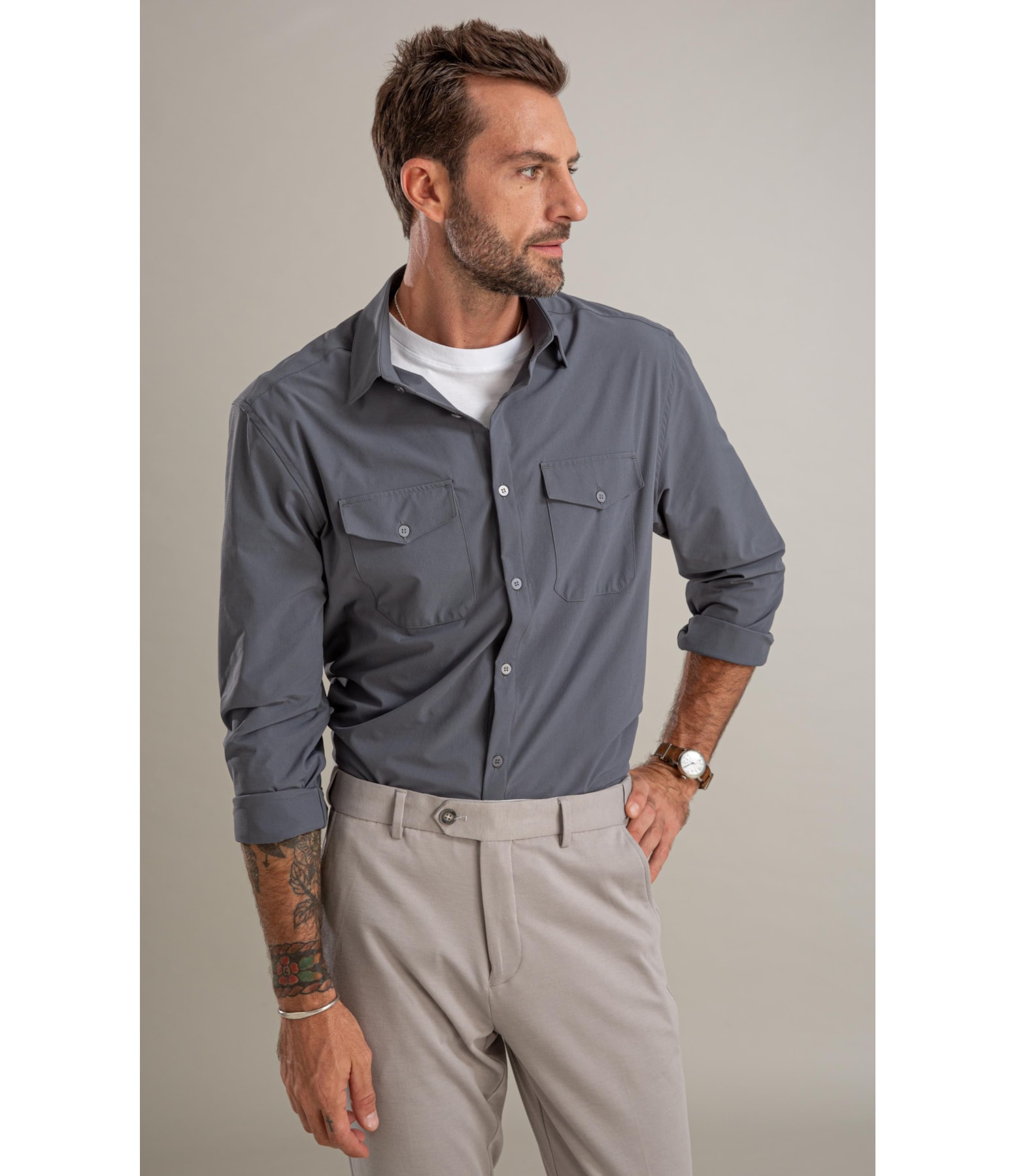 Camisa Nylon Tech Pockets Ml Grafite