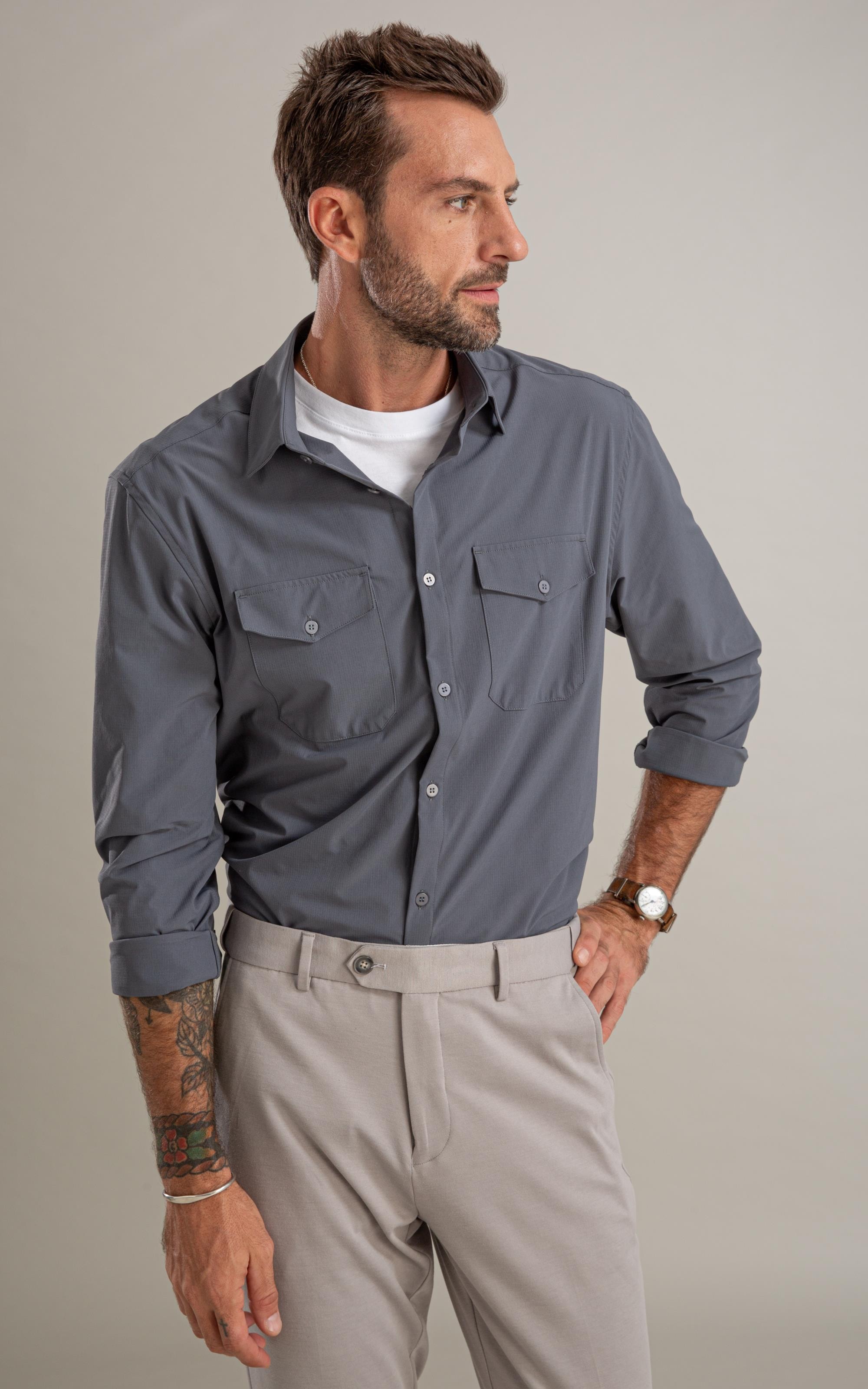 Camisa Nylon Tech Pockets Ml Grafite