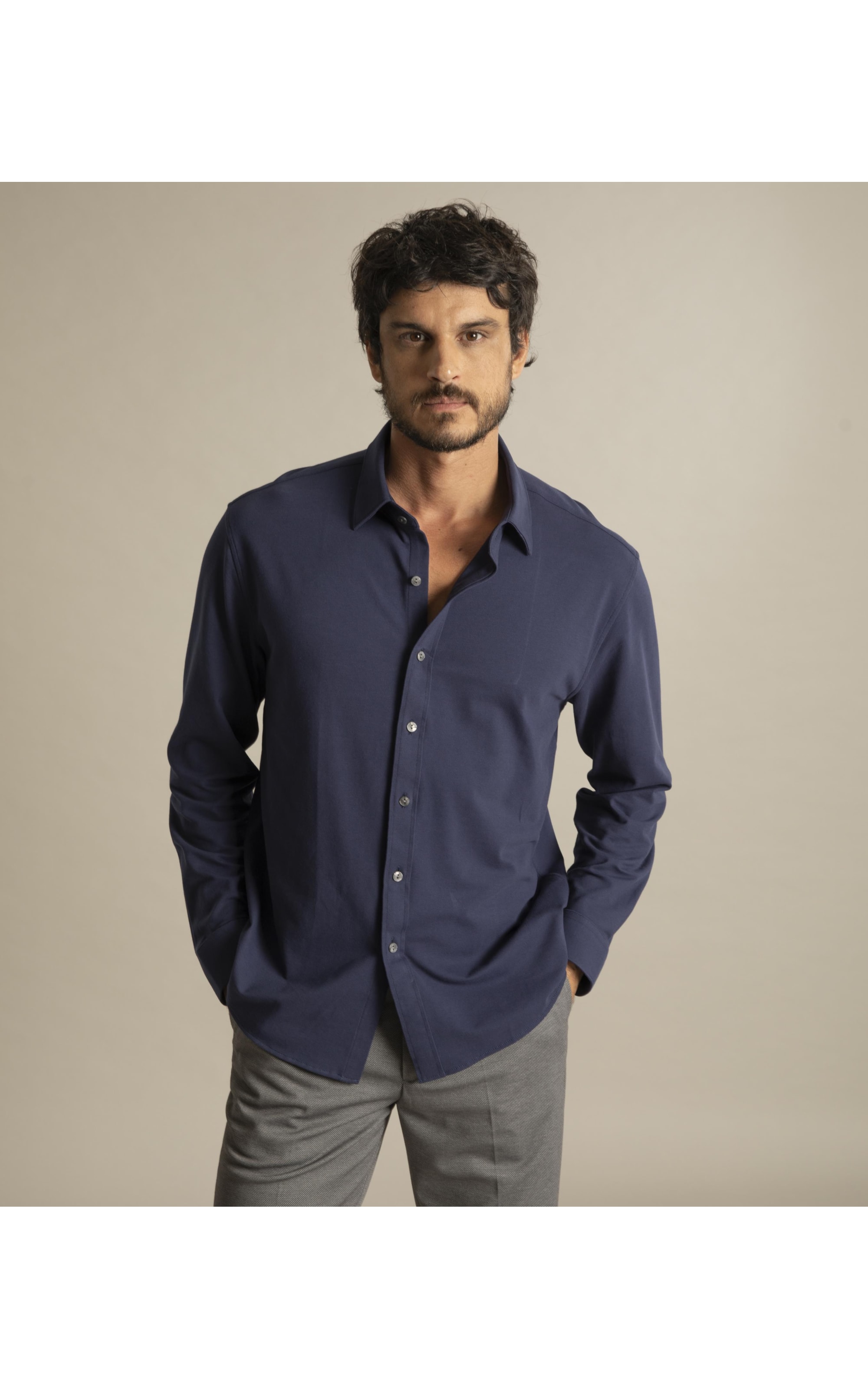 Camisa Piquet Classic Ml Dark Navy