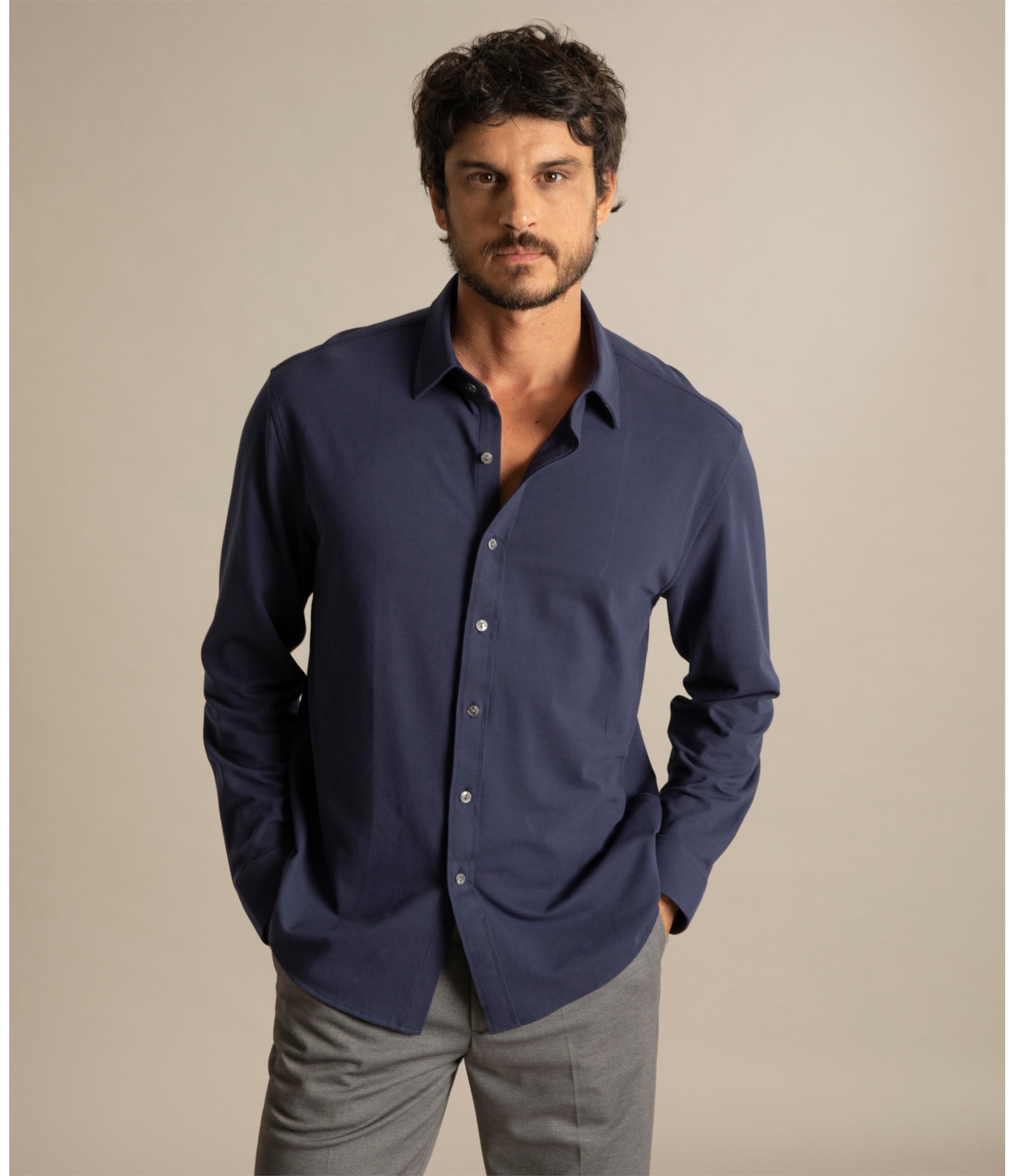Camisa Piquet Classic Ml Dark Navy