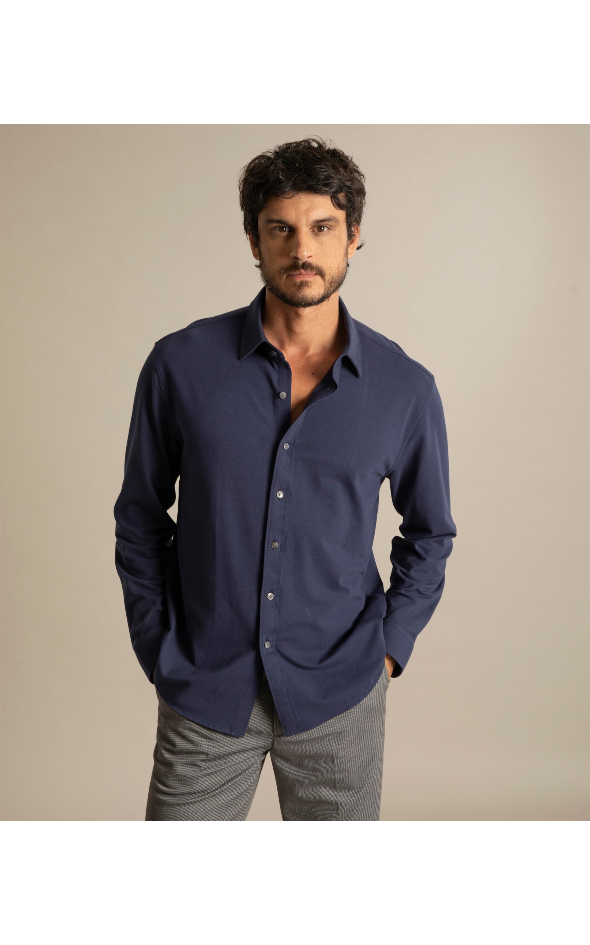 Camisa Piquet Classic Ml Dark Navy